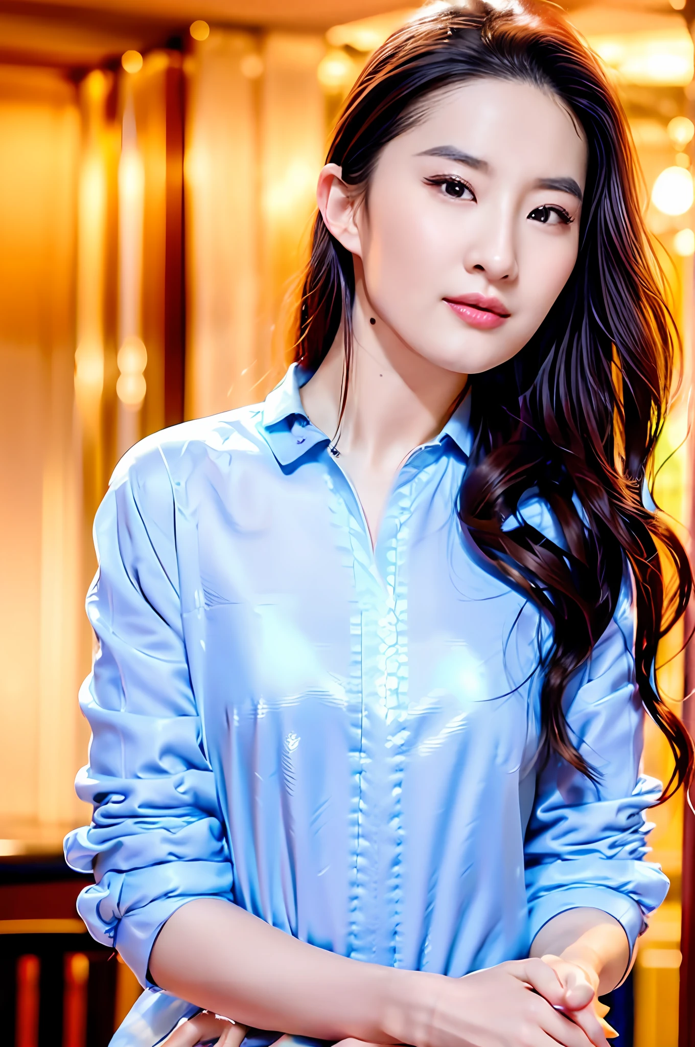 Gentle and charming Chinese beautiful woman, upper body photo, exquisite and sexy collarbone, charming oval face, double eyelids, smart peach blossom eyes, pink lips, small nose, bare shoulders, focused face, face close-up, ultra-high-definition, Super details, elegant stance, Korean style trendy badge denim jacket women's long-sleeved cropped jacket top, short style looks very neat, very slim