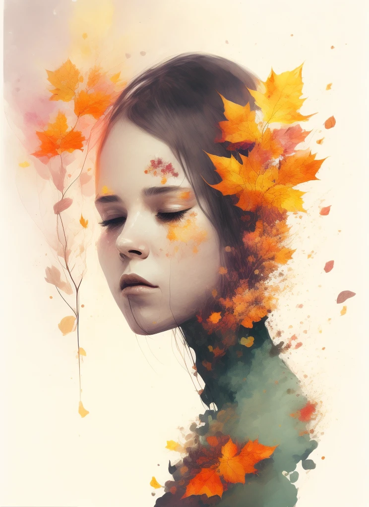 woman with agnes cecile, glowing design, pastel colors, ink drops, autumn lights, leaves, flowers