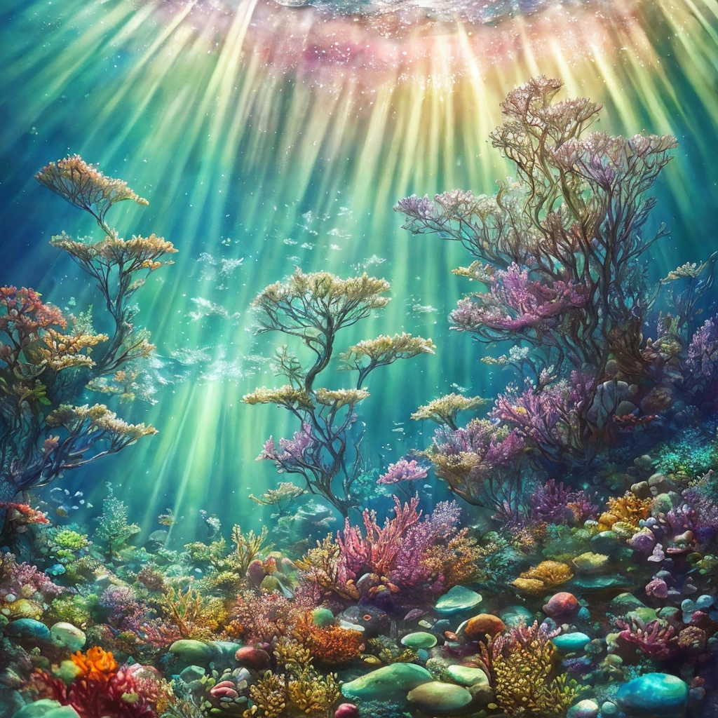 macro photography underwater forest, air bubbles, multicolored pebbles, ray of light, elaborate, highly detailed, realistic, intricate, elegant, diffused cinematic light, watercolor painting, paint dripping