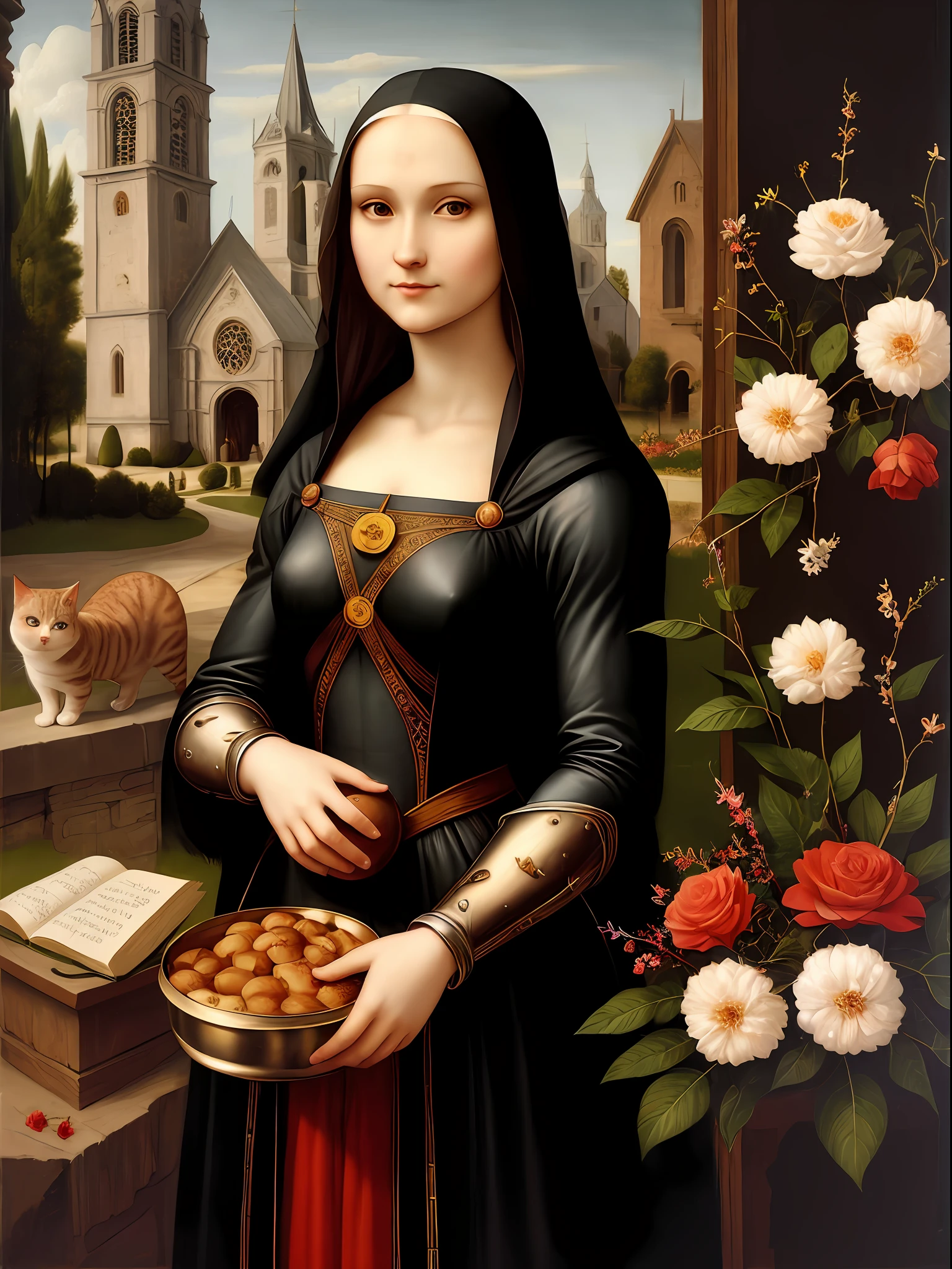 Cat woman cute traditional outfit, realistic oil painting masterpiece , flowers , beautiful , Leonardo da Vinci , nun , church , saint , goddesses