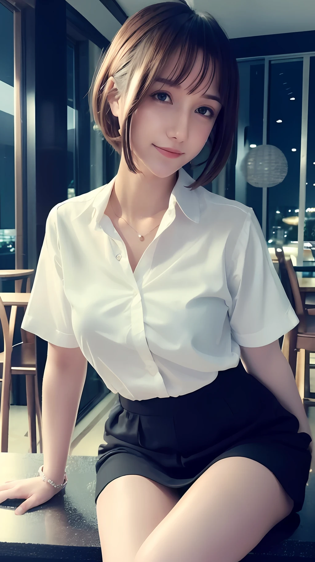 (8k, Best Quality, Masterpiece: 1.2), (Realistic, Realistic: 1.37), Ultra Detailed, 1 Girl, Cute, Solo, Beautiful Detailed Sky, Detailed Cafe, Night, Sitting, Dating, ( red nose), (smile: 1.15), (shut up) small breasts, beautiful and delicate eyes, (collared shirt: 1.1), night, wet, business attire, rain, white lace, (short hair: 1.2), flowing hair NovaFrogStyle,