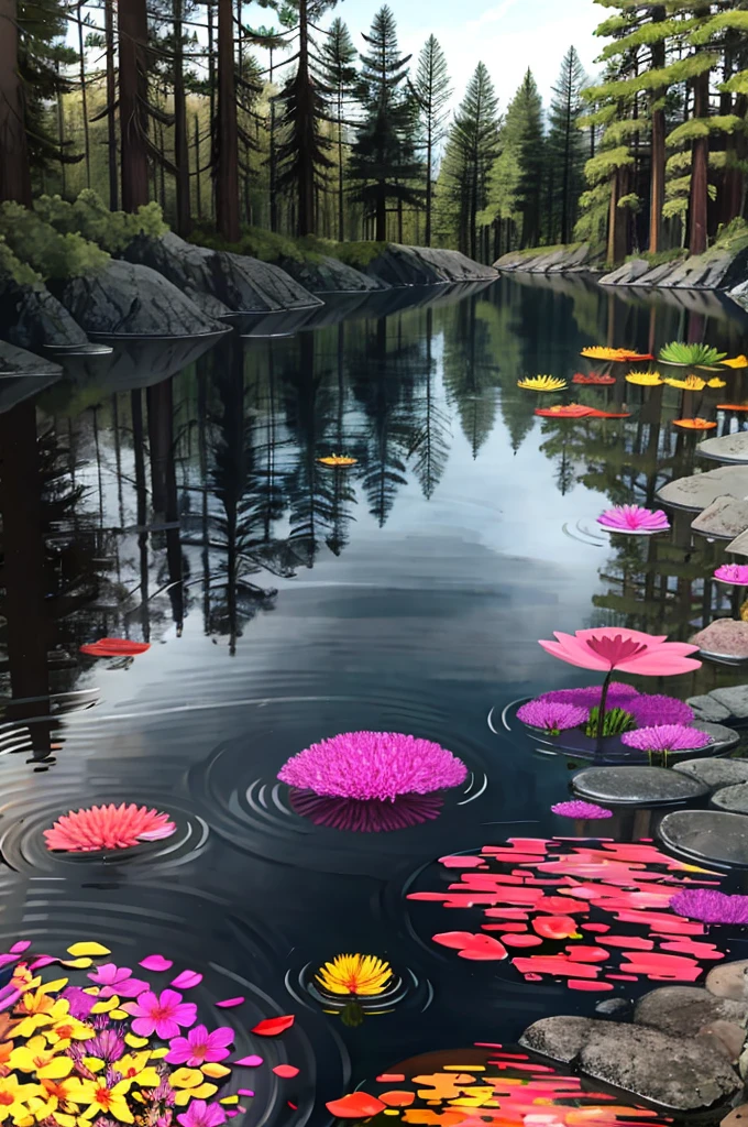 In this illustration, we witness the heartrending sight of a once clear and bright natural body of water now severely polluted. There is a lot of toxic dye residue floating on the water, which spreads in all kinds of colorful and creepy ways. Some places are bright red, as if blood is spreading in the water; others are sickly purple and unnatural green, giving people a sense of absurdity. These pollutants accumulate densely on the surface of the water body, forming a thick layer of scum. The scum takes on a viscous texture, and they form indescribable patterns on the surface of the water, dulling and suffocating. The clear and transparent texture of the water body has completely disappeared, replaced by turbidity and darkness. It is difficult for sunlight to penetrate this layer of pollution, making the whole scene look gloomy and hopeless. The surrounding natural environment is also affected by pollution. The vegetation is broken, and the leaves of the trees are yellow and fragile. The grass and flowers on the shore of the lake have withered, without the vitality and color of the past. This illustration highlights the seriousness of water pollution by contrasting the decay of the natural environment with the bright colors of the polluted water.