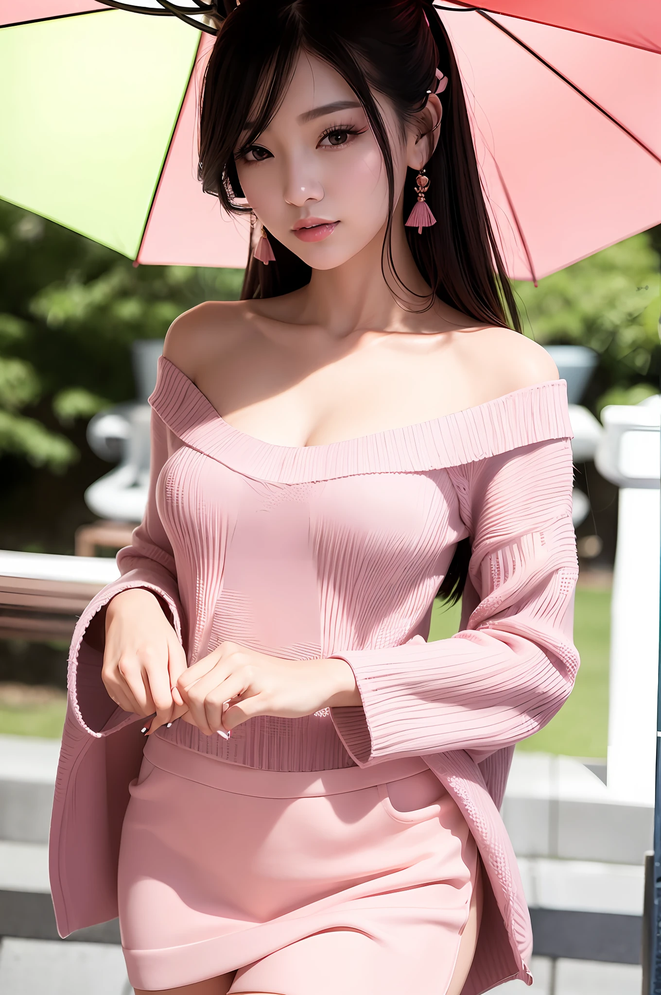 Gentle and charming Chinese beautiful woman, upper body photo, exquisite and sexy collarbone, charming oval face, double eyelids, smart peach blossom eyes, pink lips, small nose, bare shoulders, focused face, face close-up, ultra-high-definition, Super detailed, elegant standing, sweater with loose sleeve design, the upper body is pink and cute, wear the sweater into the umbrella skirt, it will look high-profile and thin