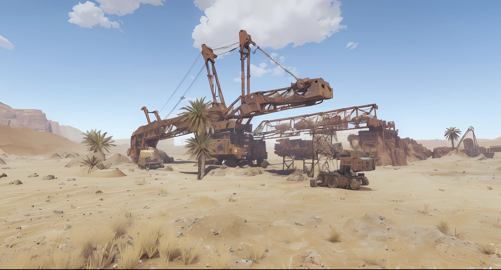 there is a large crane that is sitting in the desert, mining outpost, moody mining planet, intricate mine, rendered in unreal engine 5, desert wasteland, created in unreal engine 5, highly detailed scene, dusty unreal engine, rendered in cryengine, heavy detail, a screenshot of a rusty, realistic mega structure, rendered in unreal engine 3d, rendered in unreal 5