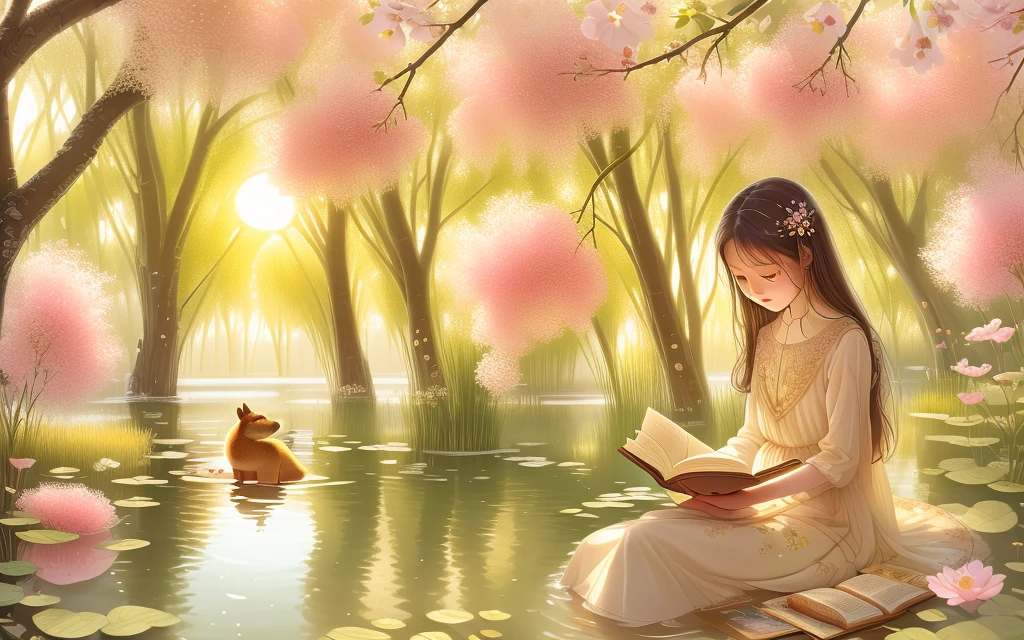 Extremely delicate styles, rich colors, naturally blended into distinct scenes. The warm sunlight falling softly on the ground, the sound of gurgling water on the lake and the willow branches blowing by the breeze all form a silent but beautiful scene. You can see a girl under the tree, wearing a light spring dress, Looking at a book quietly, the flowers around her emit bursts of fragrance, which makes people feel comfortable and cozy. Next to the girl is a capybara who is also reading a book