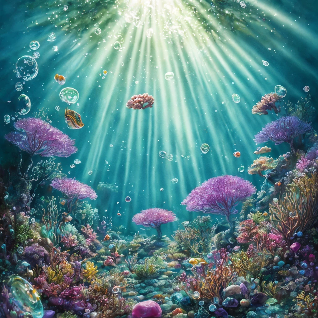 macro photography underwater forest, air bubbles, multicolored pebbles, ray of light, elaborate, highly detailed, realistic, intricate, elegant, diffused cinematic light, watercolor painting, paint dripping