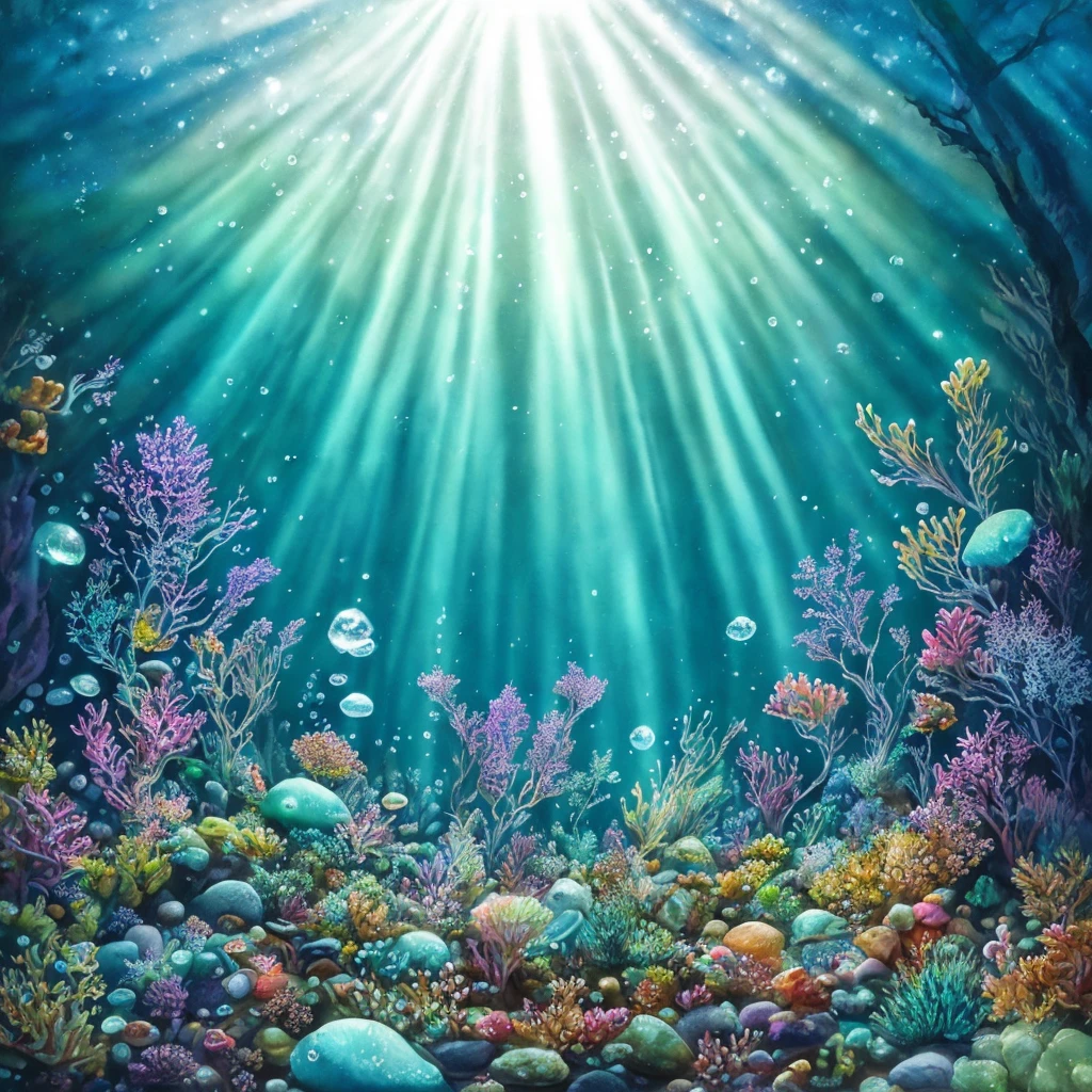 macro photography underwater forest, air bubbles, multicolored pebbles, ray of light, elaborate, highly detailed, realistic, intricate, elegant, diffused cinematic light, watercolor painting, paint dripping