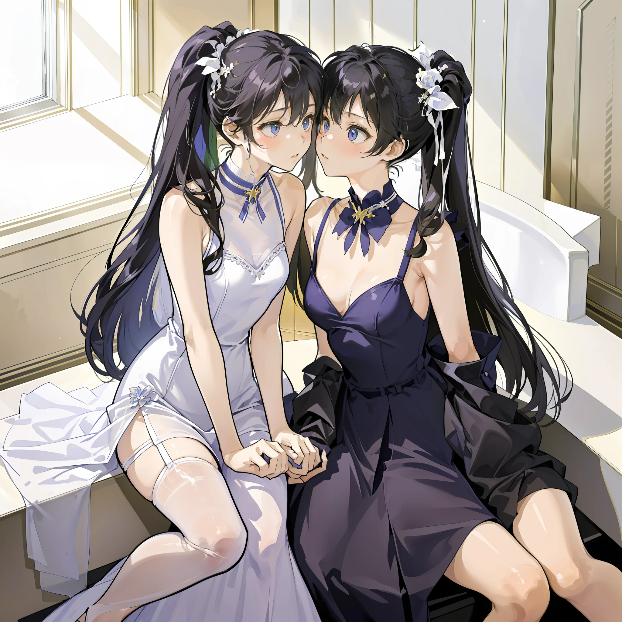 A pair of twins (a pair of twin siblings under the age of 10 (the elder sister has a good figure, the younger brother likes to wear long hair and wear women's clothes)), two little ones, two people in the same frame, super long hair, side ponytail, big bathtub, Shower together, wedding dresses, kiss each other