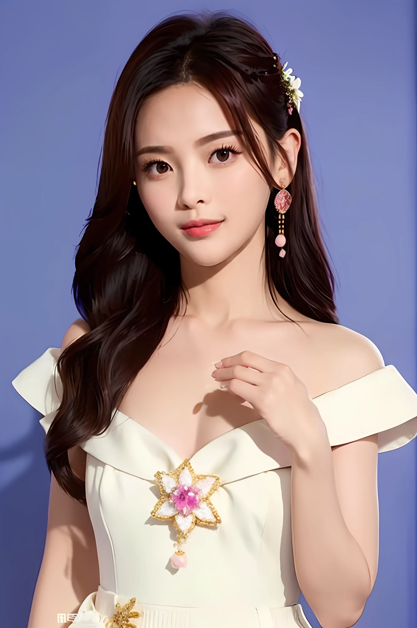 Gentle and charming Chinese beautiful woman, upper body photo, exquisite and sexy collarbone, charming oval face, double eyelids, smart peach blossom eyes, pink lips, small nose, bare shoulders, focused face, face close-up, ultra-high-definition, Super details, elegant standing, woolen coat with a lapel beaded chiffon dress, paired with short boots, fresh and sweet