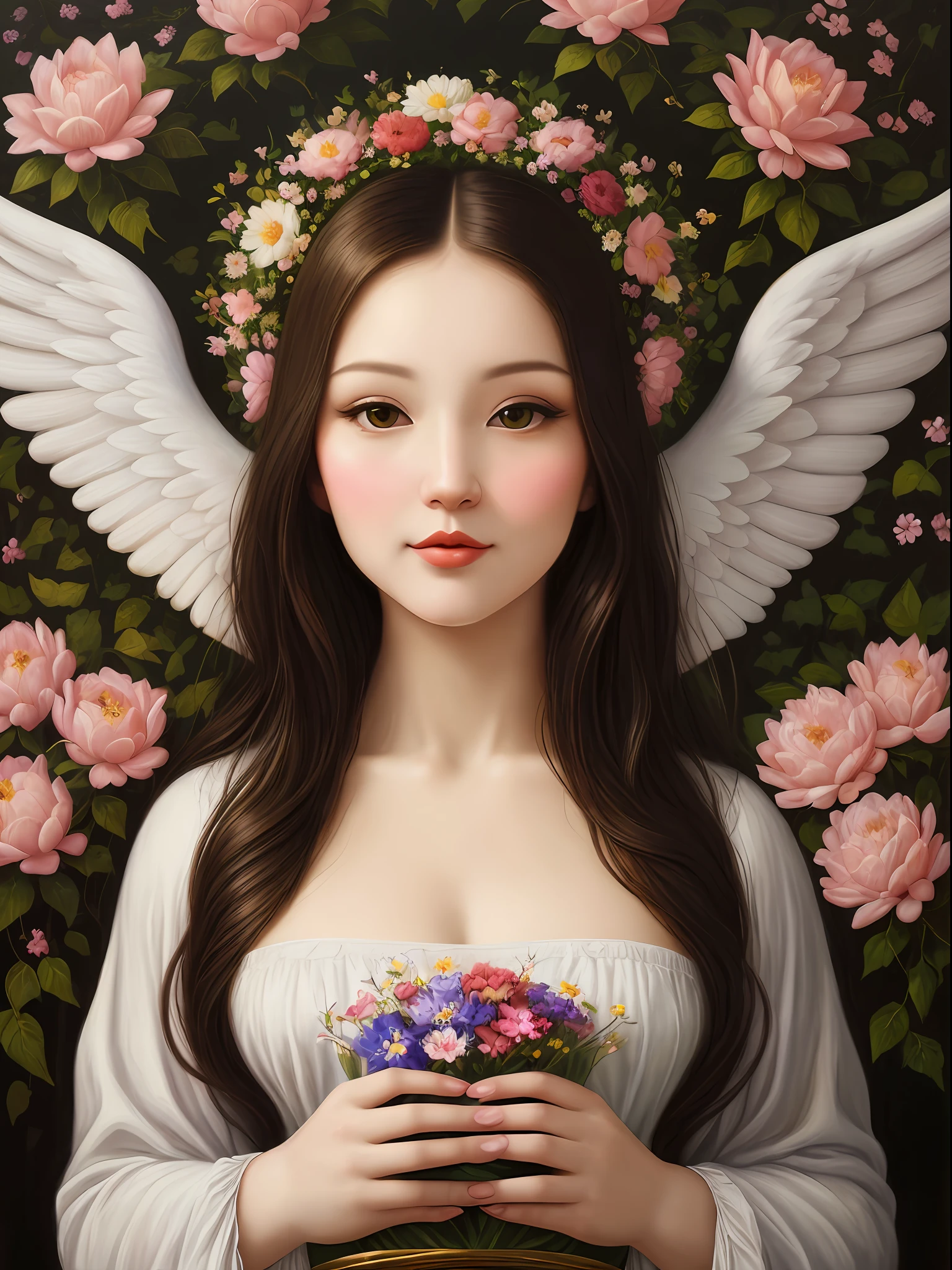 "Realistic oil painting masterpiece of a cute cat woman donning traditional outfit, surrounded by beautiful flowers. Inspired by Leonardo da Vinci's style, portraying the blend of angel, church, saint, and goddesses elements. Emphasizing the model's perfect face and luscious big lips."