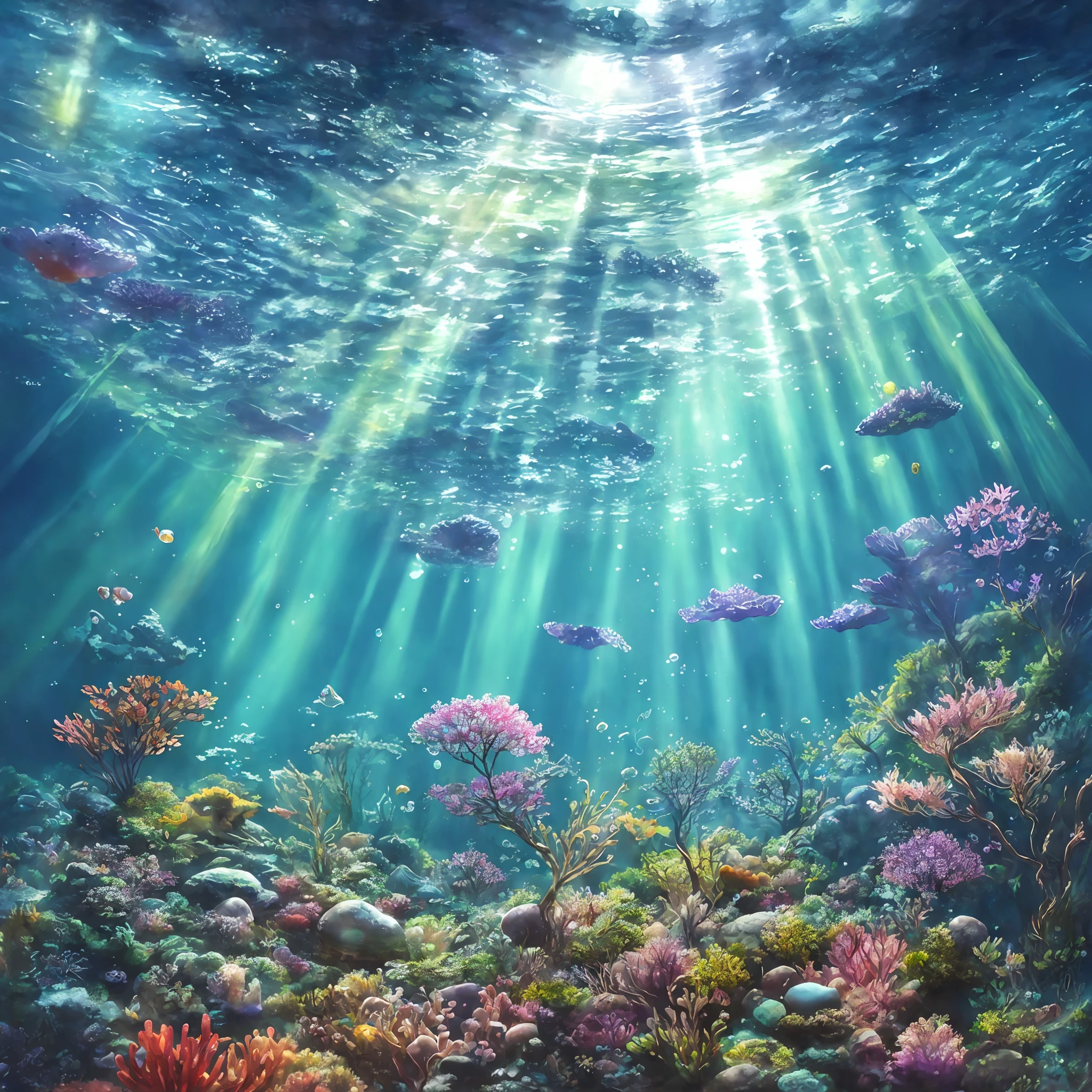 macro photography underwater forest, air bubbles, multicolored pebbles, ray of light, elaborate, highly detailed, realistic, intricate, elegant, diffused cinematic light, watercolor painting, paint dripping