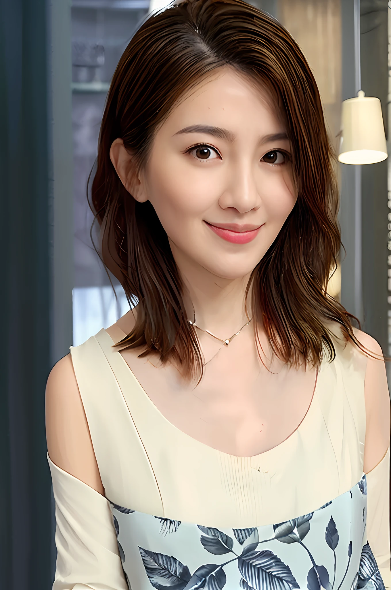 Gentle and charming Chinese beautiful woman, upper body photo, exquisite and sexy collarbone, charming oval face, double eyelids, smart peach blossom eyes, pink lips, small nose, bare shoulders, focused face, face close-up, ultra-high-definition, Super details, elegant standing posture, elegant beige woolen coat, simple and exquisite style, navy blue polka dot dress inside, wearing the coat just like this is super classy, undoubtedly revealing a literary atmosphere