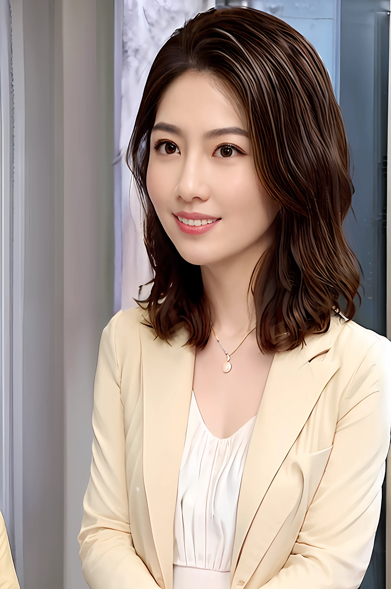 Gentle and charming Chinese beautiful woman, upper body photo, exquisite and sexy collarbone, charming oval face, double eyelids, smart peach blossom eyes, pink lips, small nose, bare shoulders, focused face, face close-up, ultra-high-definition, Super details, elegant standing posture, elegant beige woolen coat, simple and exquisite style, navy blue polka dot dress inside, wearing the coat just like this is super classy, undoubtedly revealing a literary atmosphere