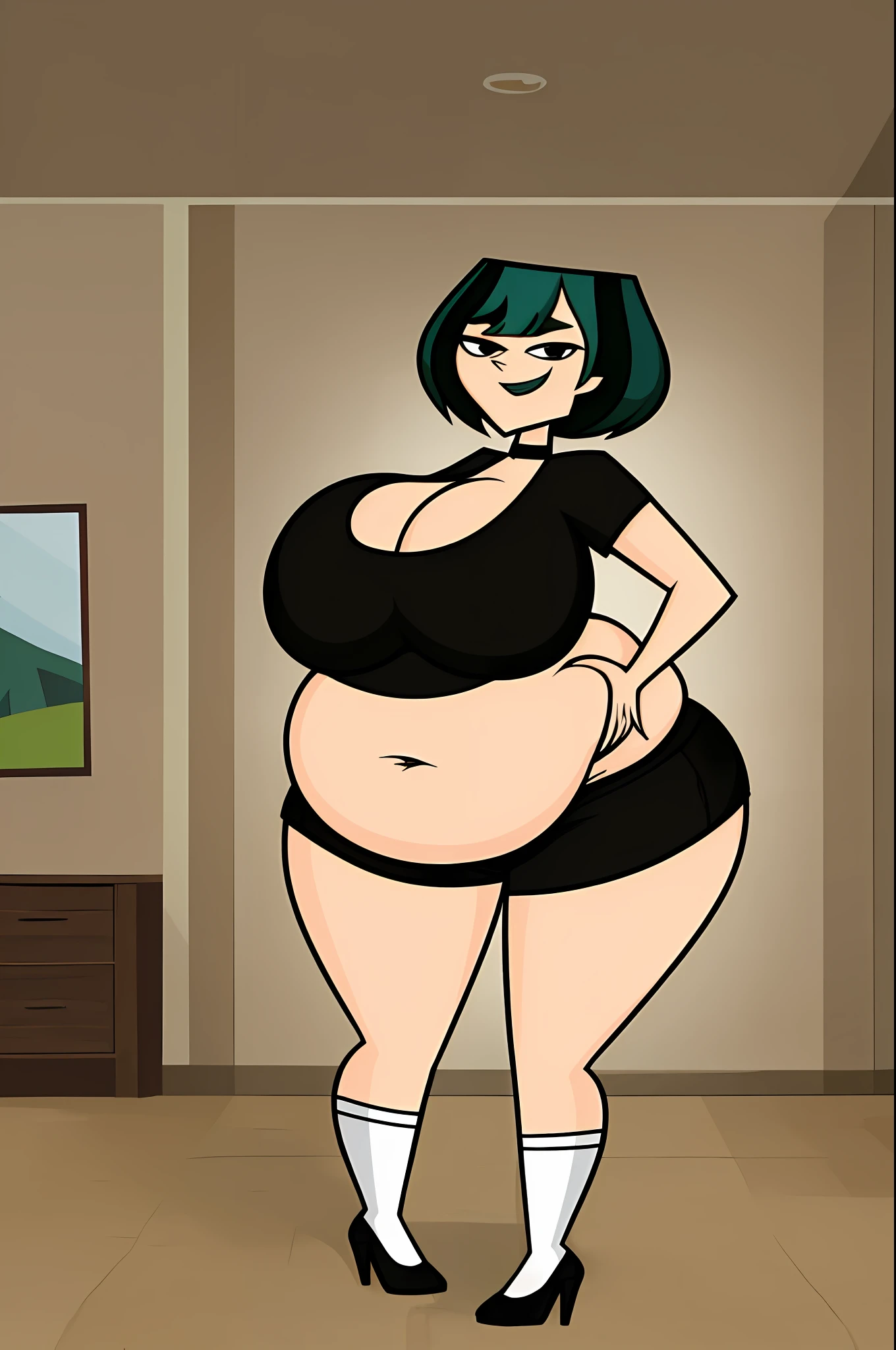 tdigwen, pornographic photoshoot,posing, best quality, masterpiece, living room art from total drama island, art by jaykuma,, 1girl, solo, art from total drama island, art by jaykuma, wide hips, massive thighs, colorful background,((((hyper belly:1.3)))), ((hyper breasts:1.5)), (bouncing belly:1.3), (short black hair:1.3), upper body, highly detailed, black thighs, high heels, detailed eyes, big booty, brown eyes, high resolution, distinct image, cholsleeves, belly rub, smile, trees , sunshine, big navel, tight t shirt, tight shorts, shadow, redness on belly, socks,tall, slevees, choker