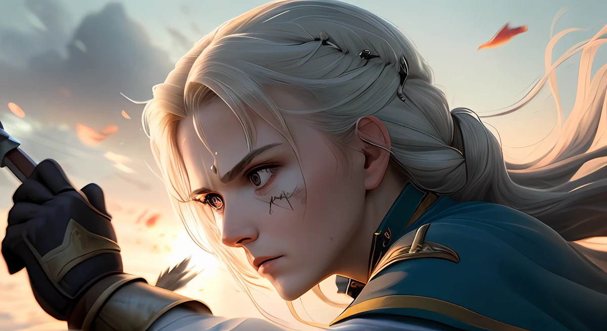 Imagine a fearless female warrior, wielding a gleaming sword with skill and precision. Her eyes shine with determination as she fearlessly faces her adversaries on the battlefield. Her stance exudes confidence, a testament to her unwavering resolve.
In the heat of battle, her clothing bears the marks of intense conflict. Her once-pristine attire now reveals battle scars and torn fabric, symbolizing her fierce engagement and unwavering spirit. Despite the hardships endured, she stands strong, undeterred by the chaos surrounding her.
With windswept hair, she strikes a commanding figure, embodying both elegance and strength. Every fluid movement she makes with her sword is a testament to her mastery of combat, defending her cause and protecting those she holds dear.
This warrior is an embodiment of courage and resilience, an inspiration to all who witness her valiant efforts. Her indomitable spirit and skill with the sword make her a legendary figure, ready to face any challenge that crosses her path