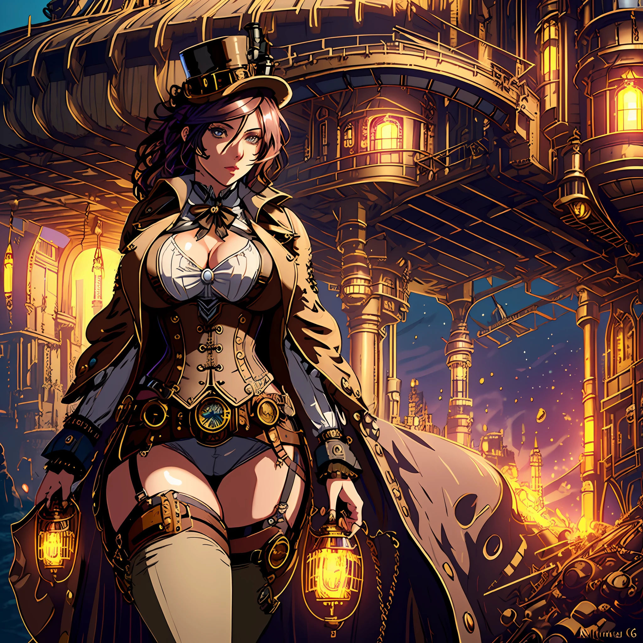 large steampunk clothes Detailed Illustration, Ultra-Detailed, Ambient Light, Backlighting, Realistic Shadows, Glowing Particles, Light Particles, Digital Art, Detailed Face, Detailed Hair, (Hyper-Detailed Eyes:1.2), Soft Light, Soft Lighting, 1 mature sexy woman,fullbody, sensual pose,detalied face, random hair color, random eye color,natural sagging breast, marked,very marked cameltoe,(((steampunk airship background landscape,full steampunk clothes intricade detail))), hyperrealistic, Unreal Engine 5, 8k, insanely detailed, symmetrical, octane render, cinematic, ultra sharp focus, highly detailed, vibrant soul, perfection