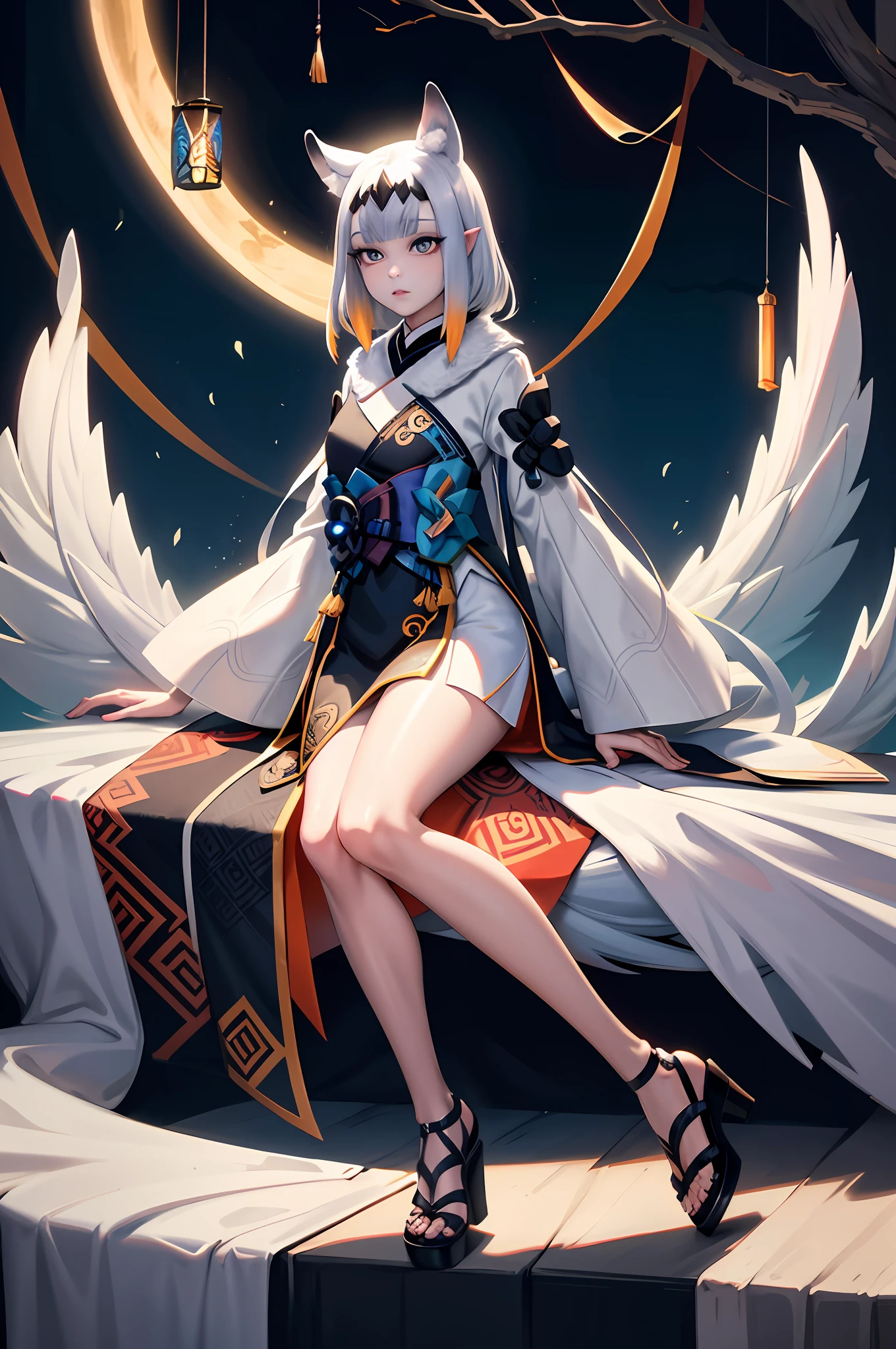 Drawing of a fox with white hair sitting on a branch, ethereal fox, nine-tailed fox, fox three-tailed fox, onmyoji detailed art, nine-tailed, beautiful artwork illustration, mythological creature, fox, beautiful Digital artwork, exquisite digital illustrations, mizutsune, inspired by mythical creatures Wildnet, digital art on pixiv, strong light, high contrast, horror movie theme, dark atmosphere