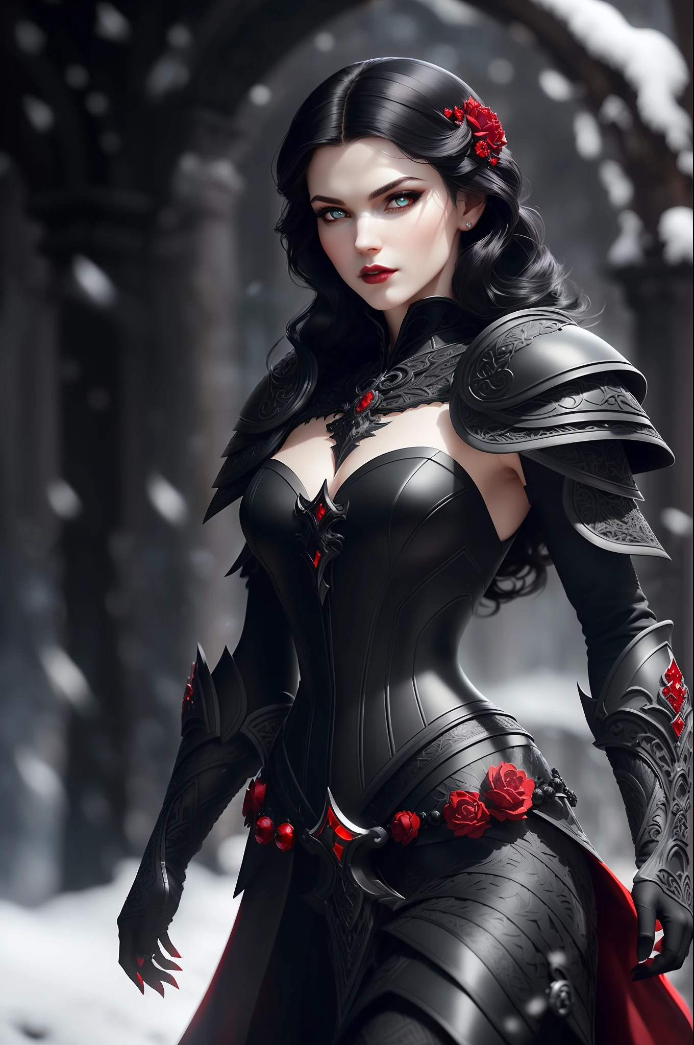 Analog style, ((intricate detail)), full torso shot, cold light, beautiful, ((pale gothic evil Snow White)), (black hair), (intricate), ((bony light onyx dress armor)), ((skinny)), ((intricate pointed obsidian crown)), ((intense shadows)), ((thick silhouette)), dynamic poses, windblown hair, perfect face, ( Realistic Eye), Round Iris, (((Red Eye)) ), Perfect Eye, Complicated, Complicated, Helios 44-2, Swirly Bokeh, Trend on artstation, Sharp Focus, Studio Photo, Intricate detail, very detailed, sharp, dnd character portraits, perfect lighting, ((illustration style, Masterpiece, by artgerm and greg rutkowski))), film lighting, 8k