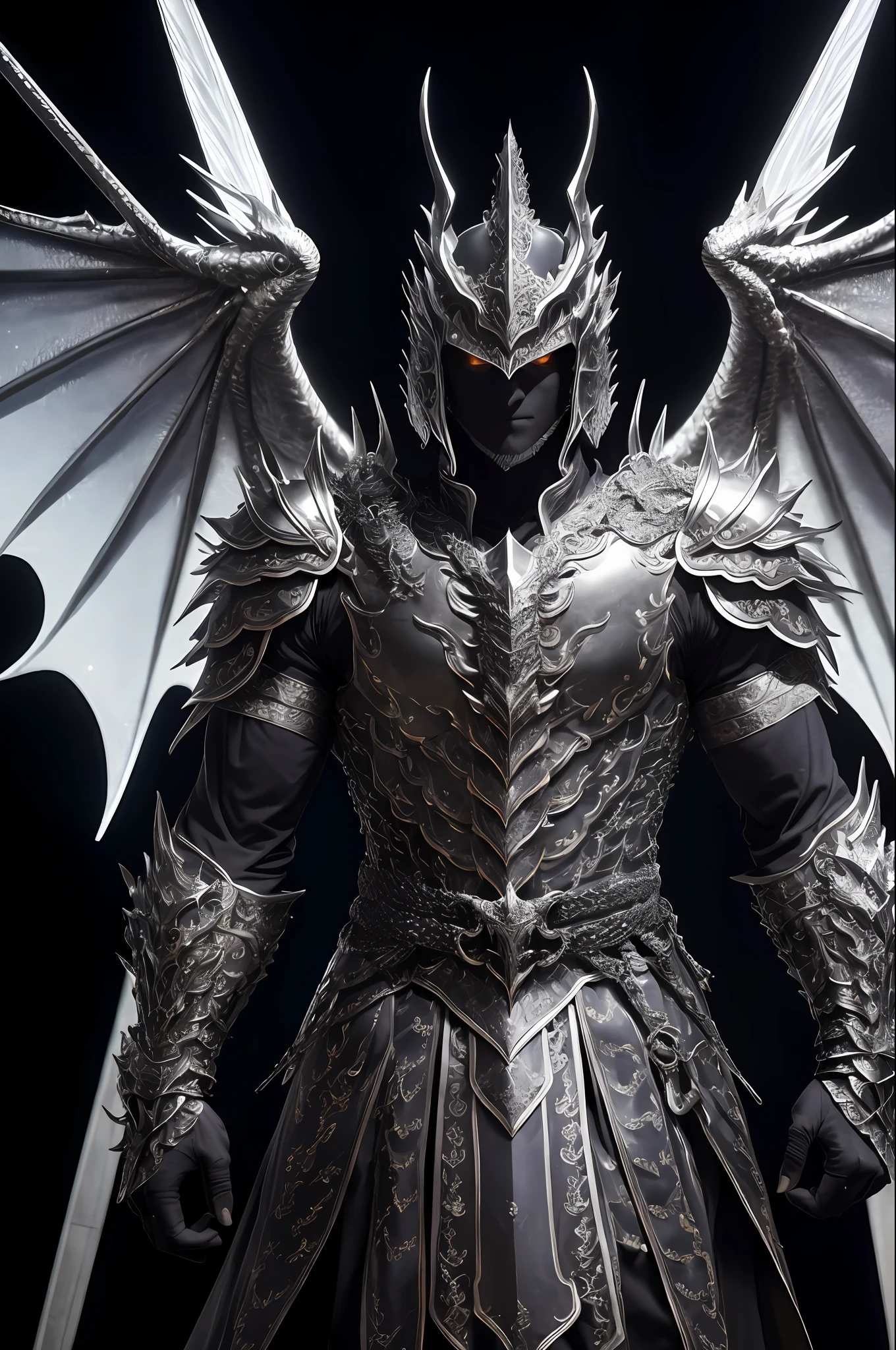 extremely detailed 8k wallpaper), intricate, highly detailed, dramatic, The Dragon Lord holds a highly detailed two-handed sword with both hands, a highly detailed black steel dragon head helmet on the shoulder with a closed silver visor, highly detailed black steel shoulder pads modeled after dragon heads are featuring shimmering silver detailing, an overlying gray cape with a highly detailed cape, highly detailed ruffled gray feathered dragon wings with translucent membranes, insanely realistic graphics, insanely detailed detailing, ultra-realistic and highly detailed heavy black steel armor with shiny silver detailing, enlarged shiny silver Adornments and a gray tunic, extremely detailed heavy black steel gloves and boots with reinforced shiny silver ornaments, the light is reflected on the ornaments, glowing ash floats from torches from the left to the right corner of the vaulted corridors when walking through the somber cathedral,