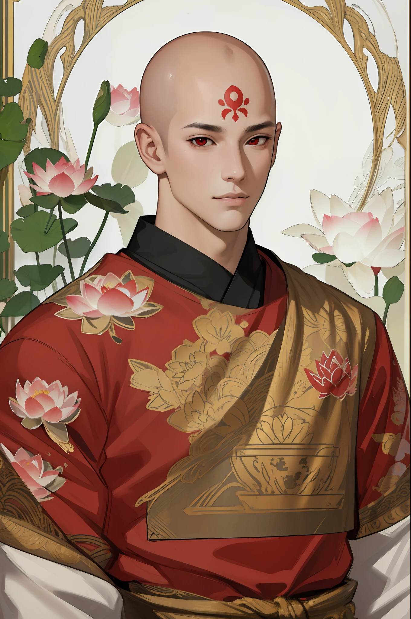 nsfw, masterpiece, extreme, ultra-fine, semi-realistic, detailed facial features, 1boy, bald head, red eyes, lotus print on forehead, wearing exquisite ancient costume