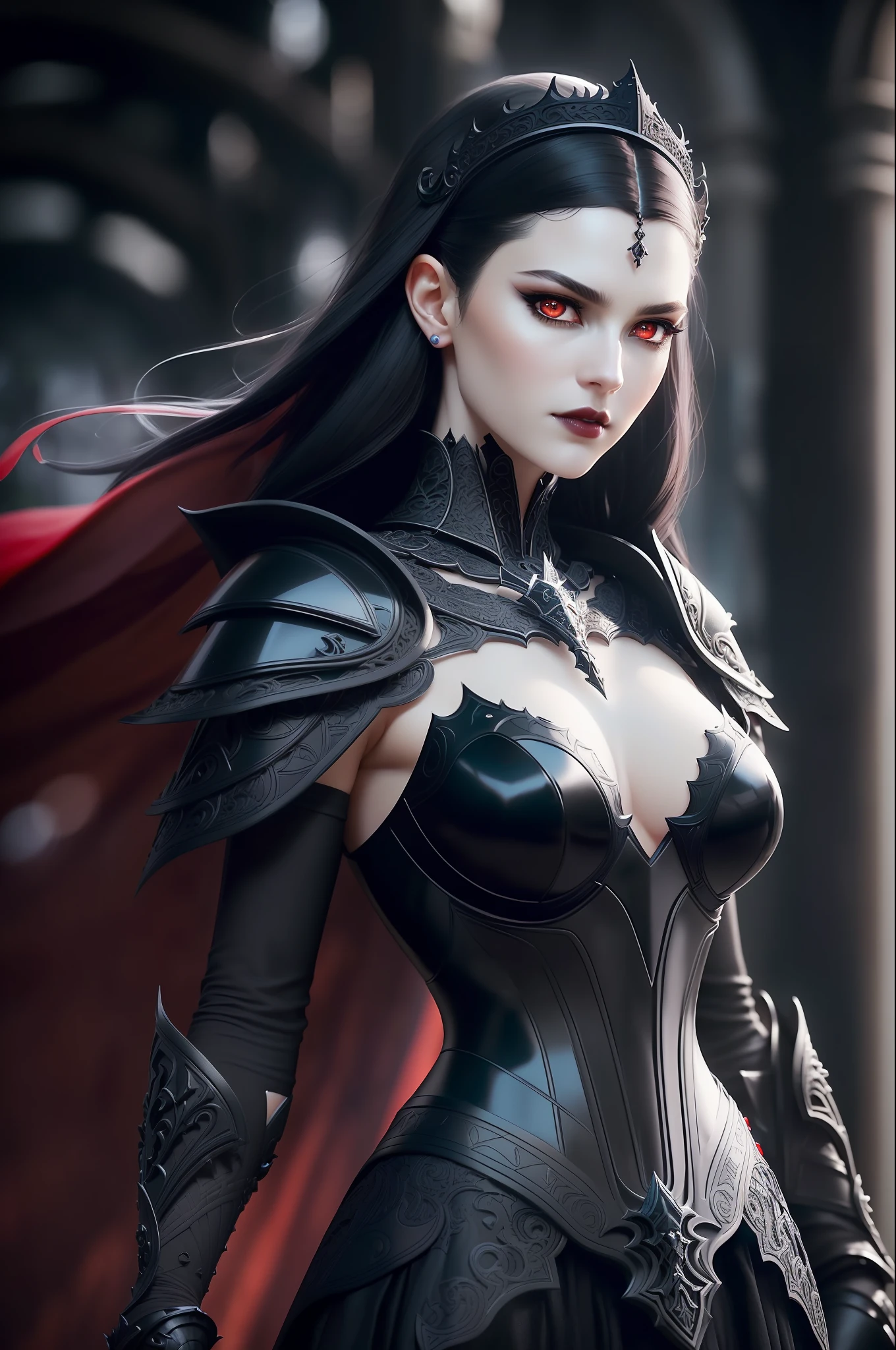 Analog style, ((intricate detail)), full torso shot, cold light, beautiful, ((pale gothic evil princess)), (black hair), (vampire), (intricate), ((bone thin Onyx dress armor)), ((skinny)), ((intricate pointed obsidian crown)), ((intense shadows)), ((thick silhouette)), dynamic poses, windblown hair, perfect face, (realistic eye), round iris, (((red eye)) ), perfect eye, complex, complex, helios 44-2, swirly bokeh, trend on artstation, sharp focus, work studio photo, intricate details, very detailed, sharp, dnd character portraits, perfect lighting, ((illustration style, Masterpiece, by artgerm and greg rutkowski))), film lighting, 8k