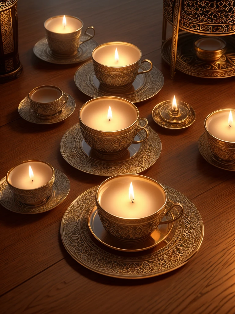 A closeup of a single perfectly symmetrical tea cup filled with tea set on a beautiful old polished wooden table of expensive teak, porcelain exhibiting intricate design similar to Chinese export porcelain of the Qing Dynasty, vibrant and bright colors, beautiful and exquisite smooth and glossy texture, fine grain of wood texture, highly reflective surface textures, centered and perfect presentation and composition, hypermaximalist, insanely detailed and intricate, octane render, unreal engine, 8k, hyper resolution, chiaroscuro lighting, candlelight, ambient occlusion style, rule of thirds