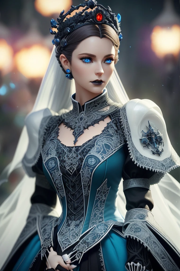 Doll joints, analog style, ((intricate details)), full torso shot, cold lighting, beautiful, ((pale gothic evil princess)), (white hair), ((skeletal skimpy onyx dress armor)), ((intricate pointed red obsidian crown)), ((intense shadows)), ((thick outlines)), dynamic pose, windblown hair, perfect face, (realistic eyes), round iris, (((blue eyes))), perfect eyes, intricate, complex, Helios 44-2, swirly bokeh, trending on artstation, sharp focus, studio photo, intricate details, highly detailed, sharp, dnd character portrait, perfect lighting, (((illustration style, Masterpiece, by artgerm and greg rutkowski))), cinematic lighting, 8k