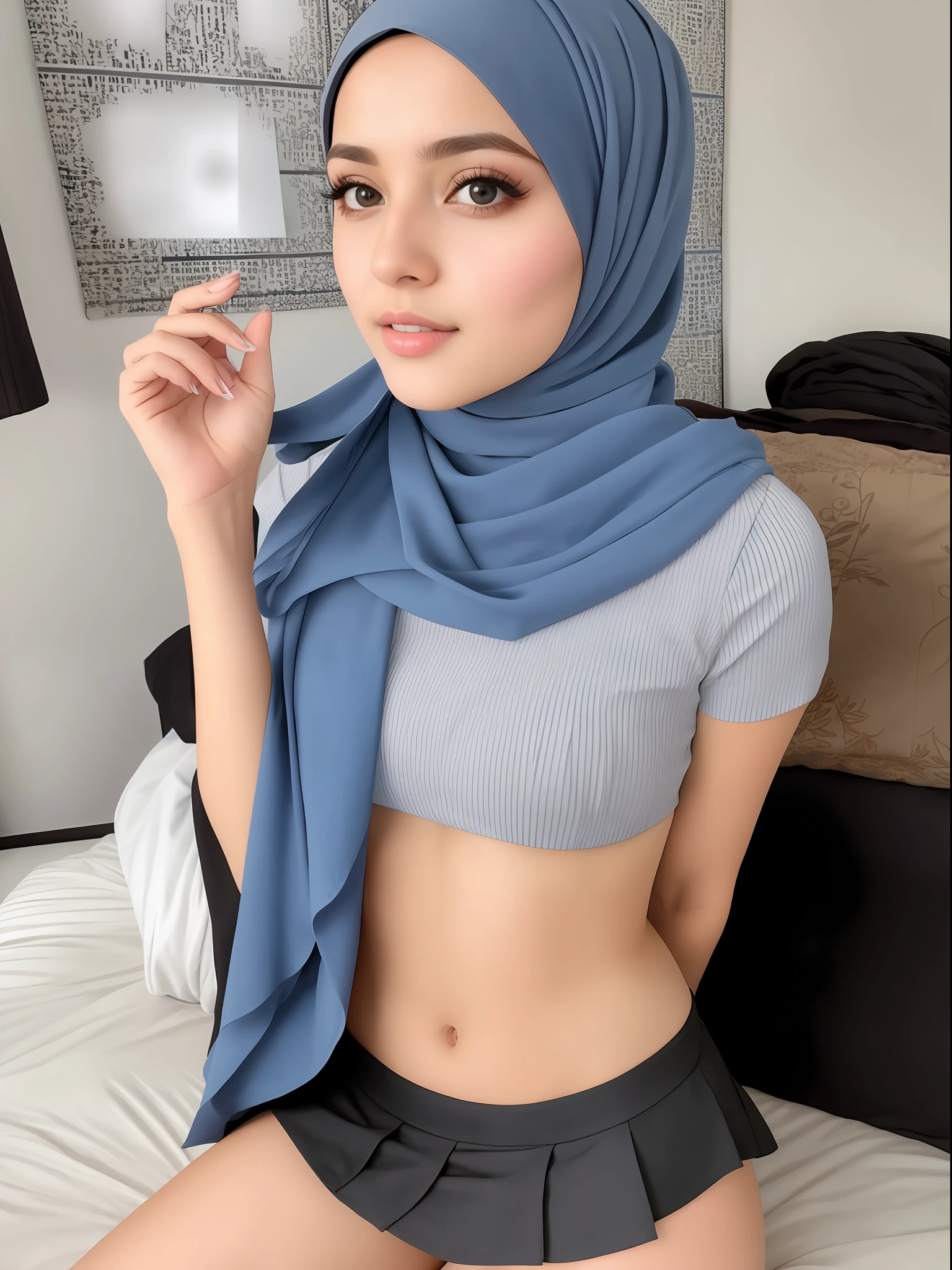 Hijab, mini skirt, stunning eyes, perfect beautiful face, 8k, best quality