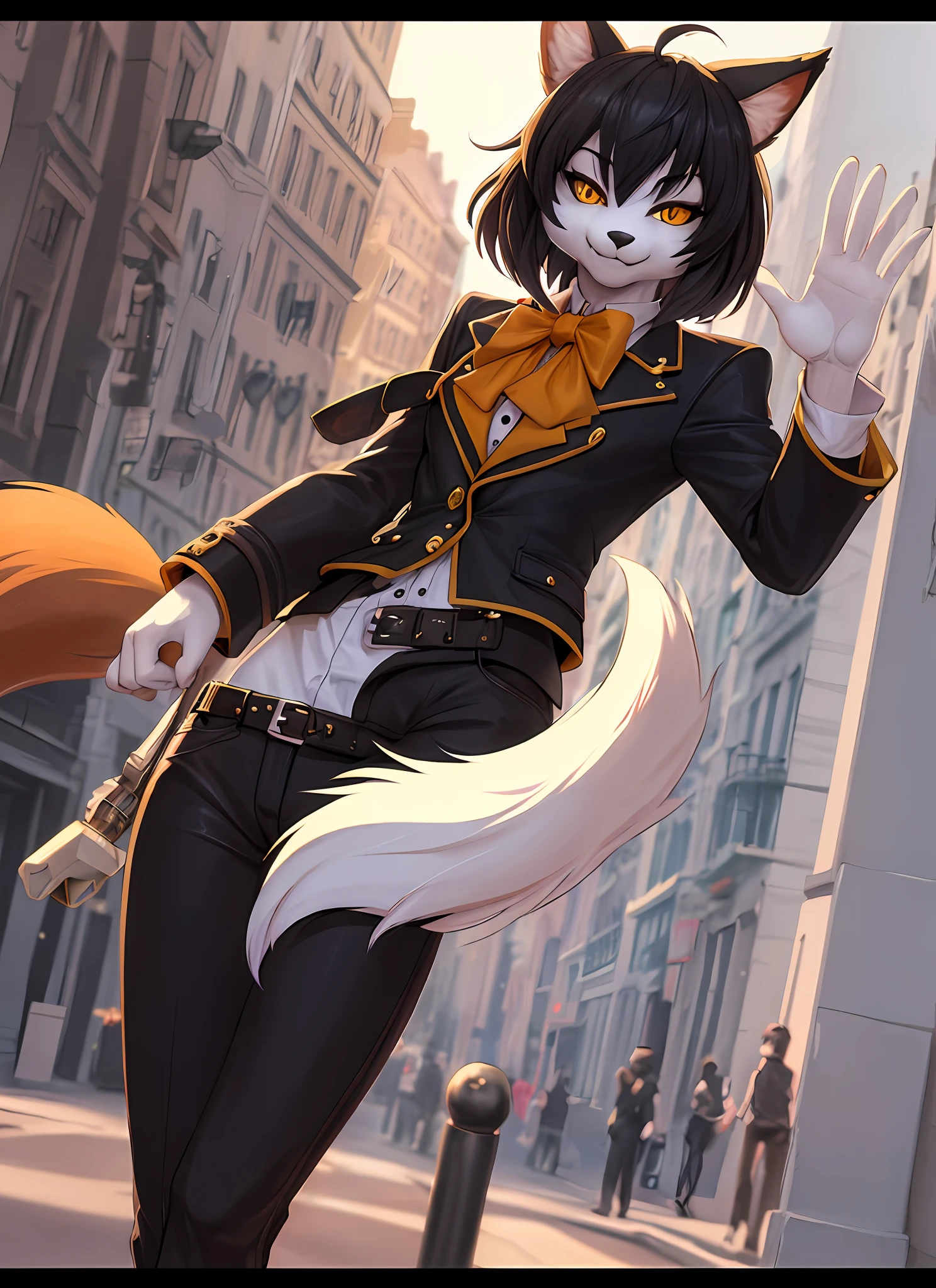 (furry art, uploaded on e621:1.4), 1girl (solo_focus), (male:1.3) (furry:1.5) anthro, (upper body:1.3), waving, on street, solo focus, detailed face, detailed eyes, (stylish haircut:1.4), detailed fluffy fur, fluffy tail, short hair, digitigrade, seductive pose, suit, fancy pants, digital painting, natural lighting, photorealistic (business suit:1.1), (smug face), smiling (cocky), steampunk