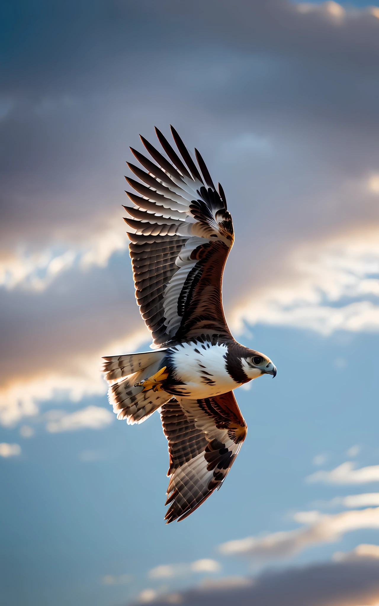highly detailed realistic photograph of a falcon soaring through the sky, dusk, dark firelit sky, professional, 4k, shot on Canon, 85mm, shallow depth of field, post-processing, max detail, roughness, real life, ultra realistic, photorealism, photography, natural,