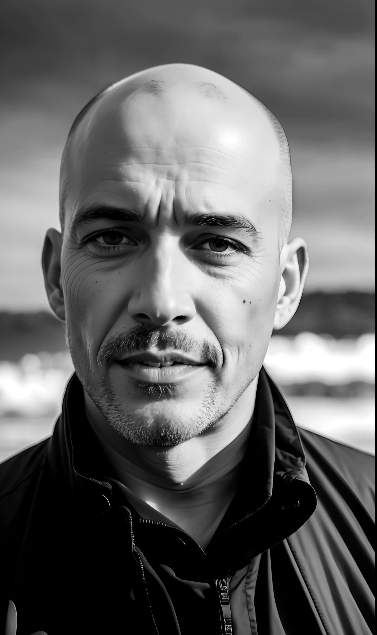 b&w photo of 42 y.o man in black clothes, bald, face, half body, body, high detailed skin, skin pores, coastline, overcast weather, wind, waves, 8k uhd, dslr, soft lighting, high quality, film grain, Fujifilm XT3