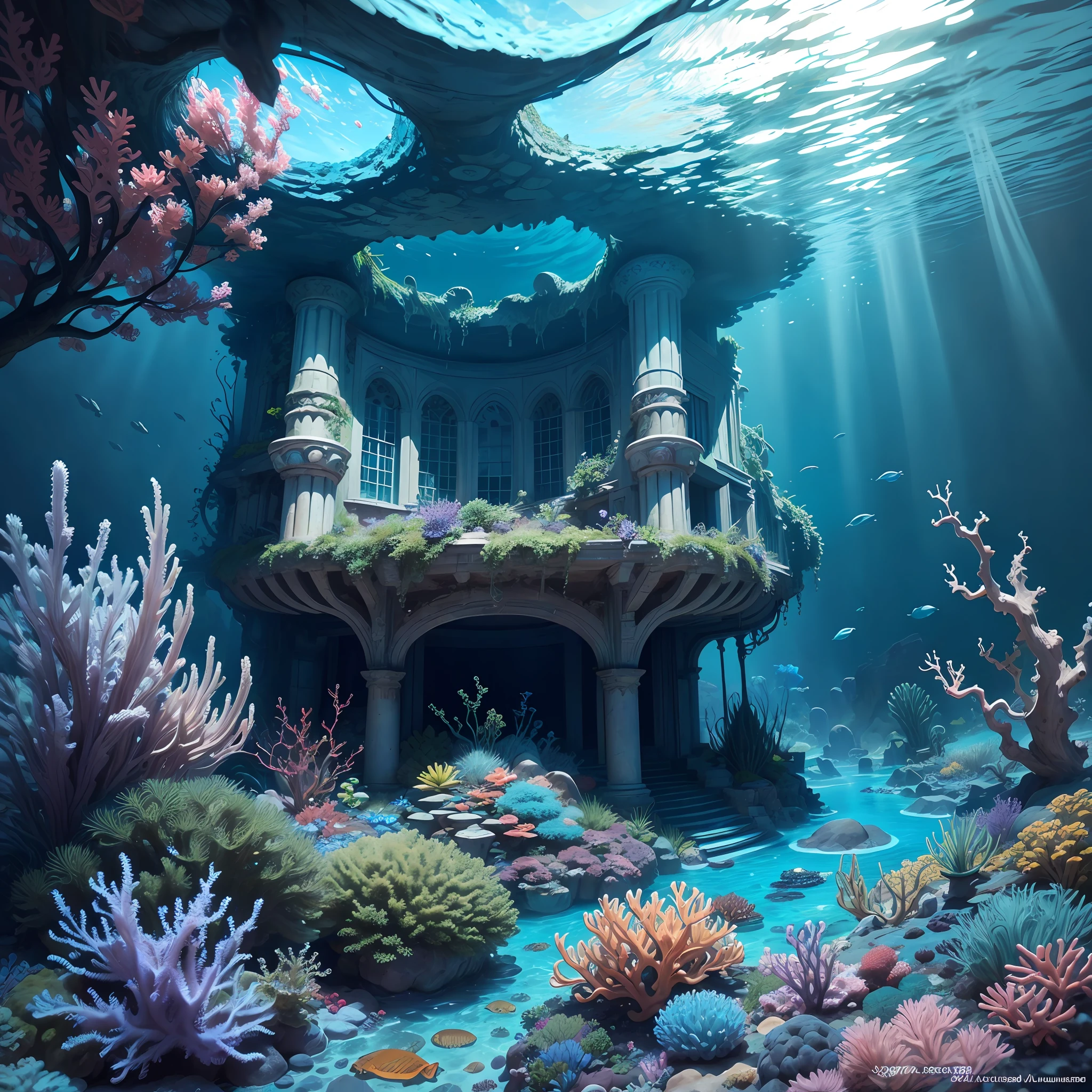 The underwater world of Atlantis, deep sea, epic reality, (hdr: 1.4), dappled sunlight, cool colors, ancient ruins, ocean-type houses full of design sense, deep-sea creatures, coral, fantastic and incredible, epic composition , (Complicated Detail), (Complicated Detail, Ultra Detail: 1.2), Art Station, (Masterpiece, Best Quality) --v 6