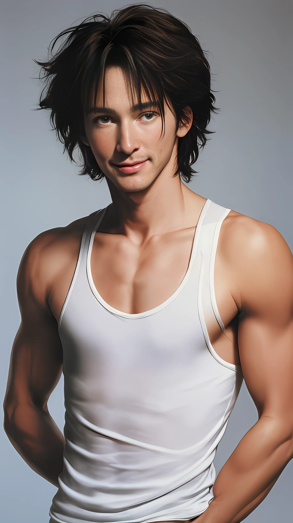 Hyperrealistic photographic portrait of 18 year old lanky Keanu Reeves wearing a plain white tank top and smiling, studio photoshoot, 1982.