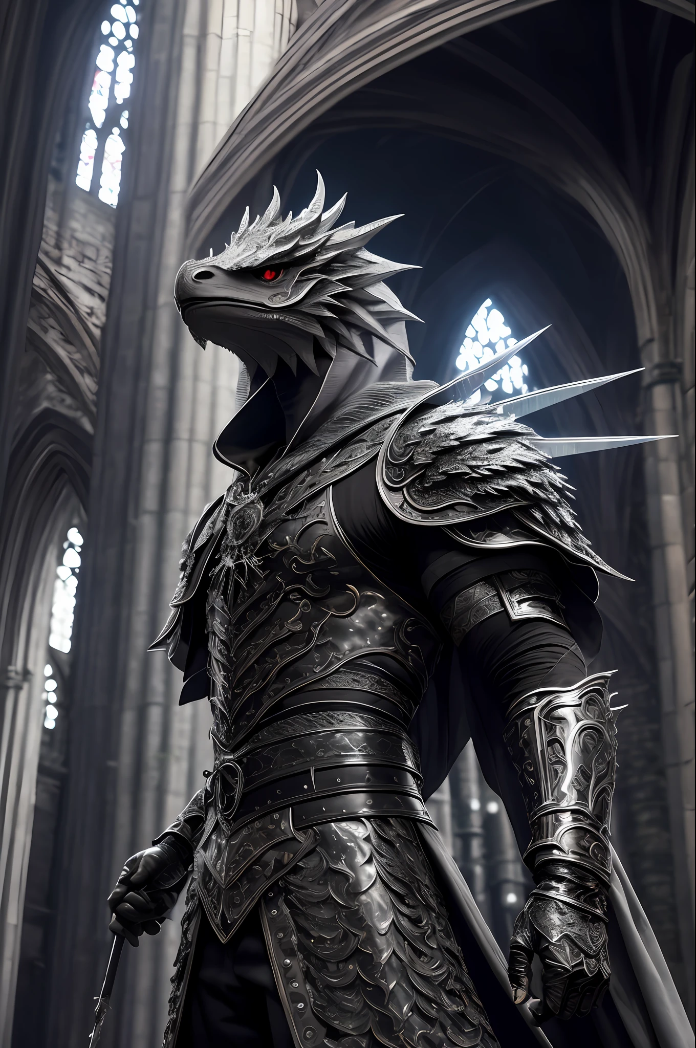 extremely detailed 8k background image), intricate, rich in detail, dramatic, The Dragon Lord holds a great sword with both hands in an attacking stance, highly detailed shoulder pads made of black steel modeled after dragon heads with shimmering silver decorations and ornaments, an overlying gray cloak featuring a highly detailed large hood pulled low over the bearded sinister face with only a pair of red eyes peeking out from underneath, highly detailed gray feathered dragon wings with translucent membranes, insanely realistic graphics, insanely detailed detailing, ultra realistic and highly detailed heavy black steel armor with lustrous silvers shiny adornments on a gray tunic, extremely detailed heavy black steel gloves and boots with reinforced shiny silver adornments, the light is reflected on the adornments, glowing ash floats from torches from the left to the right corner of the arched corridors when walking through the gloomy Cathedral, the whole scene is reflected in the wet vaulted floor,