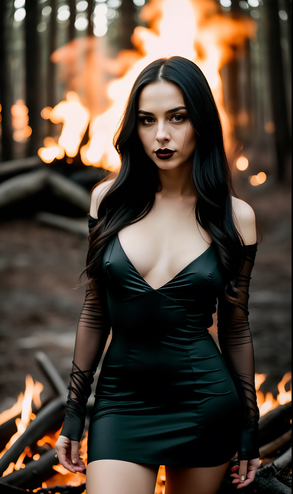 Gothic, Portrait, (((photorealistic portrait))), (((hyperrealistic portrait))). Beautiful (young sexy woman), long dark hair, (beautiful face), (((correct anatomy, correct body proportions))), correct hands, holding ((skull vessel)), (dressed) in black (((erotic dress ) )), against a background of a dark forest, standing ((in front of a fire)), late evening, dark, dramatic sky, firelight., 8k uhd, dslr, soft lighting, quality, film grain, Fujifilm XT3