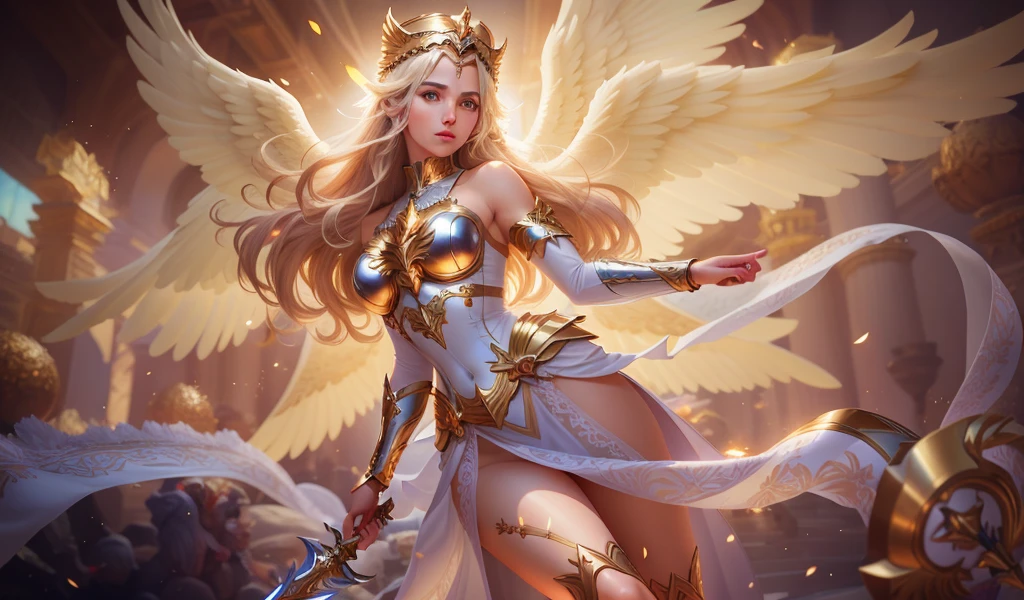 a close up of a woman with a sword and wings, extremely detailed artgerm, of beautiful angel, full - body majestic angel, goddess of light, ig model | artgerm, artgerm lau, artgerm on artstation pixiv, golden goddess athena, angel knight girl, beautiful female angel, as a mystical valkyrie