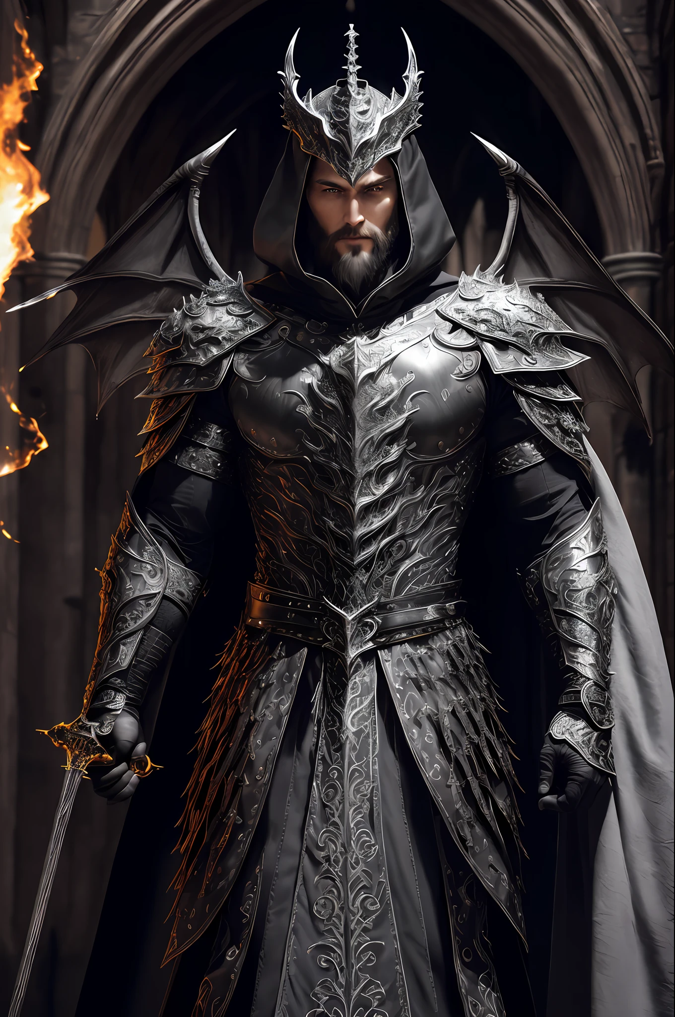 extremely detailed 8k background image), intricate, rich in detail, dramatic, The Dragon Lord holds a great sword with both hands in an attacking stance, highly detailed shoulder pads made of black steel modeled after dragon heads with shimmering silver decorations and ornaments, an overlying gray cloak featuring a highly detailed large hood pulled low over the bearded sinister face with only a pair of red eyes peeking out from underneath, highly detailed gray feathered dragon wings with translucent membranes, insanely realistic graphics, insanely detailed detailing, ultra realistic and highly detailed heavy black steel armor with lustrous silver plating shiny adornments on a gray tunic, extremely detailed heavy black steel gloves and boots with reinforced shiny silver adornments, the light is reflected on the adornments, glowing ash floats from torches from the left to the right corner of the arched corridors when walking through the gloomy Cathedral in the submerged vault corridor reflects the glorious armour,