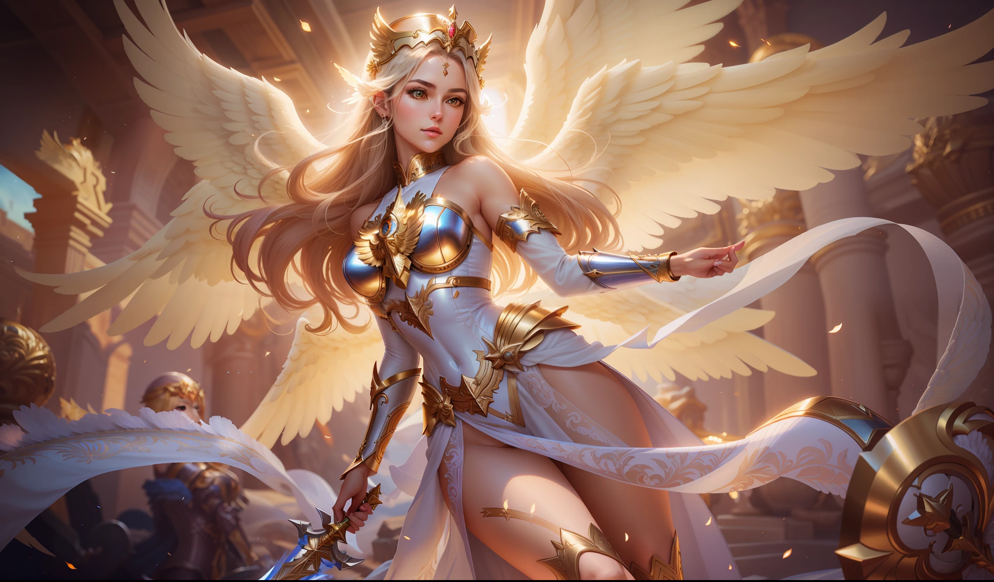 a close up of a woman with a sword and wings, extremely detailed artgerm, of beautiful angel, full - body majestic angel, goddess of light, ig model | artgerm, artgerm lau, artgerm on artstation pixiv, golden goddess athena, angel knight girl, beautiful female angel, as a mystical valkyrie