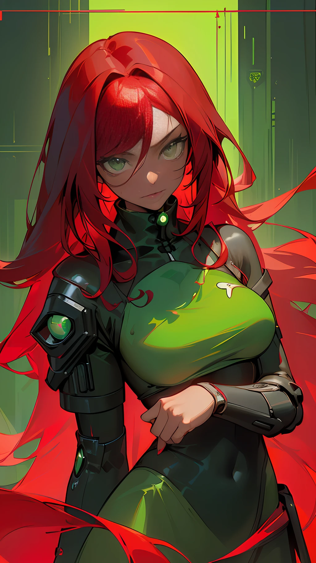 ((1girl),(dark skin|dark-skinned),(crimson hair|deep_red hair|burgundy hair|maroon hair|blood-red hair|cherry-red hair|ruby-red hair:1.2|scarlet hair:1.2),(long hair|flowing hair|cascading hair),(armor:1.3),(gorgeous|stunning|marvelous|breathtaking|beautiful|lovely),(green eyes|forest green eyes|emerald green eyes|jade green eyes),(cyberpunk:1.25))