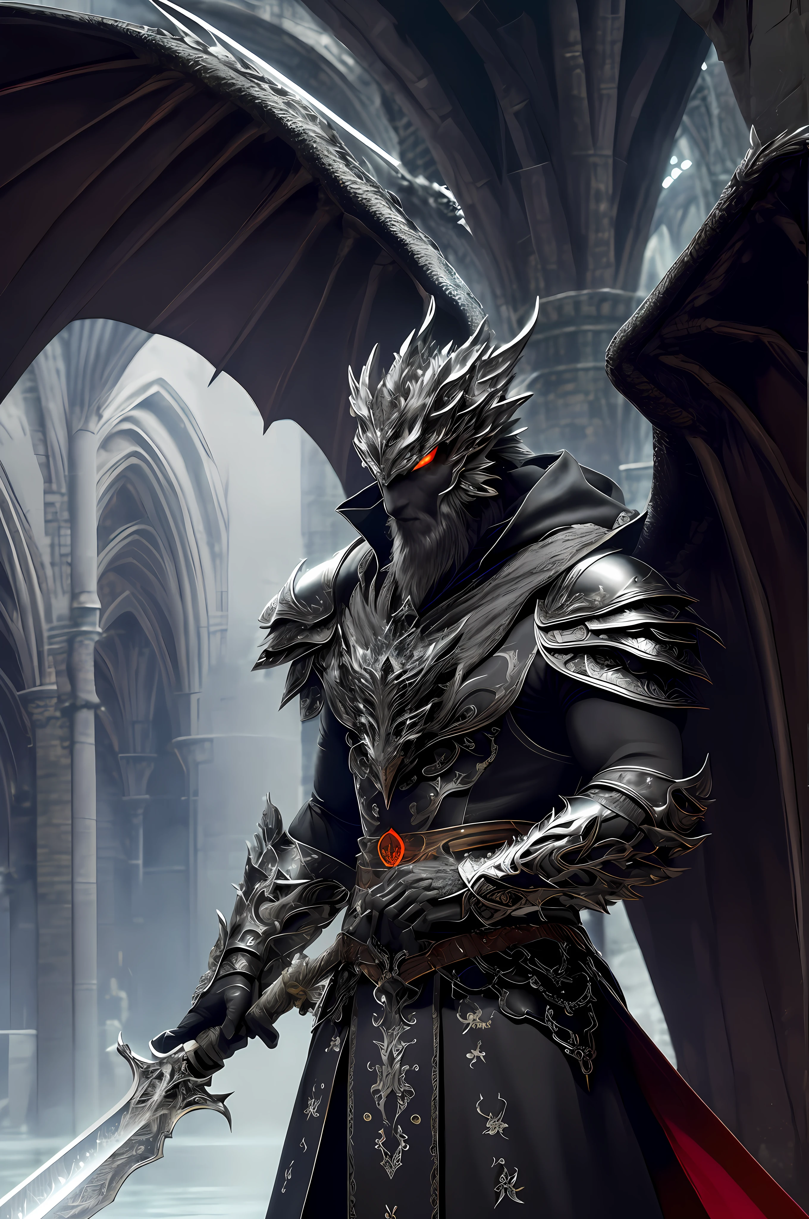 extremely detailed 8k background image), intricate, rich in detail, dramatic, The Dragon Lord holds a great sword with both hands in an attacking stance, highly detailed shoulder pads made of black steel modeled after dragon heads with shimmering silver decorations and ornaments, an overlying gray cloak featuring a highly detailed large hood pulled low over the bearded sinister face with only a pair of red eyes peeking out from underneath, highly detailed gray feathered dragon wings with translucent membranes, insanely realistic graphics, insanely detailed detailing, ultra realistic and highly detailed heavy black steel armor with lustrous silver plating shiny adornments on a gray tunic, extremely detailed heavy black steel gloves and boots with reinforced shiny silver adornments, the light is reflected on the adornments, glowing ash floats from torches from the left to the right corner of the arched corridors when walking through the gloomy Cathedral in the submerged vault corridor, he is reflected, showing the whole body and surroundings,
