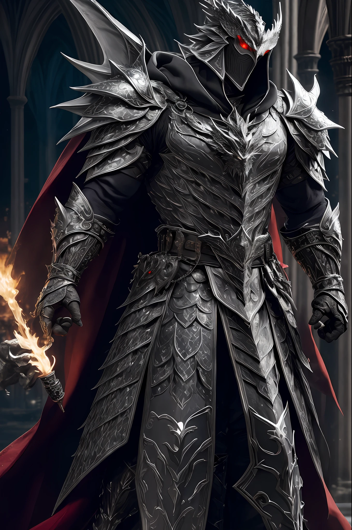 extremely detailed 8k wallpaper), intricate, richly detailed, dramatic, The Dragon Lord wears highly detailed black steel shoulder pads modeled after dragon heads with shimmering silver trimmings and ornaments, an overlying gray cloak with an extremely detailed large hood that goes deep into the bearded sinister Face is drawn with only a pair of red eyes peeking out from underneath, highly detailed gray feathered dragon wings with translucent membranes, insanely realistic graphics, insanely detailed detailing, ultra realistic and highly detailed heavy black steel armor with shiny silver glitter detailing on a gray tunic, extremely detailed heavy black armor Steel gloves and boots with reinforced shiny silver ornaments, the light is reflected on the ornaments, glowing ash floats from torches from the left to the right corner of the vaulted corridors, when walking through the gloomy cathedral, the submerged vaulted corridor reflects the glorious Armor,