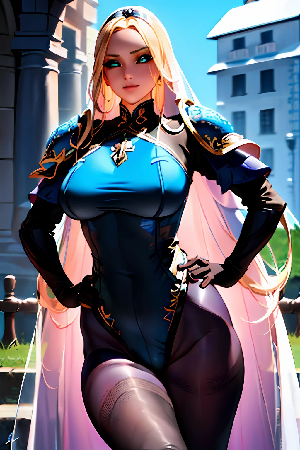 ((extremely detailed, 16k wallpaper, official art, ultra detailed, ultra detailed face, ultra detailed eyes, best quality)), (vivid color), ((oil painting)), ((fake color)), 1 tall girl, mage, visible forehead, serious face, royal diamond crown, princess, (black sclera), bright green eyes, blonde, long hair, straight hair, ((black leotard:1.5)), (blue armor:1.5) , (Roman belt), (long gloves, ornate gloves, embroidered gloves, ), (majestic:1.5, beautiful:1.5, divine:1.5, goddess:1.5), glowing skin, big eyelashes, smile, serene, pink lips, curves soft, medium breasts, thin hips, thick thighs, long stockings, ornamental stockings, standing still, city background, medieval, street, houses, fantasy