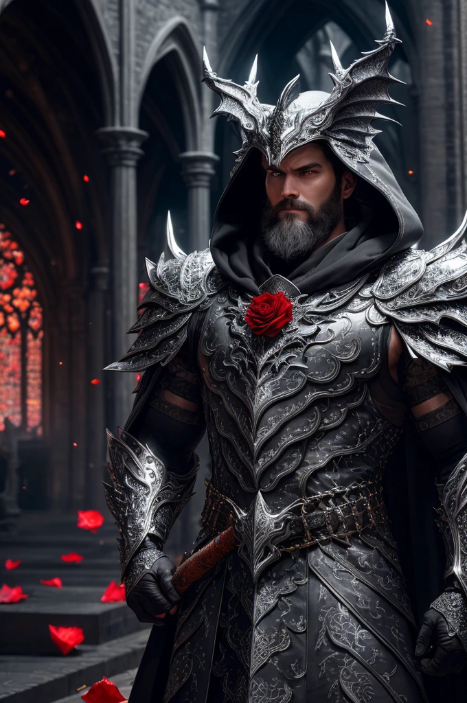 extremely detailed 8k wallpaper), intricate, richly detailed, dramatic, The Dragon Lord wears highly detailed black steel shoulder pads modeled after dragon heads with shimmering silver trimmings and ornaments, an overlying gray cloak with an extremely detailed large hood that goes deep into the bearded sinister Face is drawn with only a pair of red eyes peeking out from underneath, highly detailed gray feathered dragon wings with translucent membranes, insanely realistic graphics, insanely detailed detailing, ultra realistic and highly detailed heavy black steel armor with shiny silver glitter detailing on a gray tunic, extremely detailed heavy black armor Steel gloves and boots reinforced with shiny silver trimmings, the light reflecting off the trimmings, glowing ash trickling from the torches in the vaulted passageway during the leisurely stroll through the somber cathedral, the path lined with crimson rose petals,