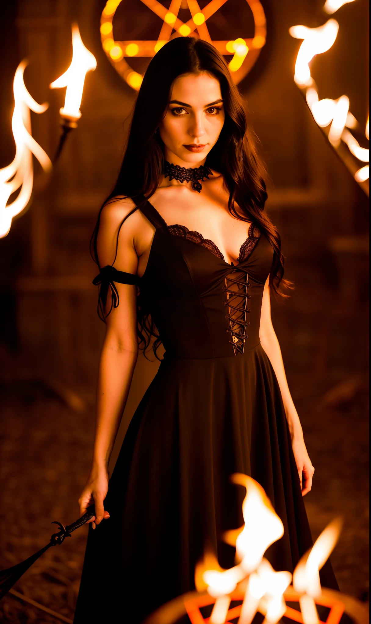Gothic, Portrait, (((photorealistic portrait))), (((hyperrealistic portrait))). Beautiful (young sexy woman), long dark hair, (beautiful face), (((correct anatomy, correct body proportions))), correct hands, holding (skull vessel)), (dressed) in black (((erotic dress) )), against the backdrop of an old abandoned castle, ((standing in the center of the pentagram)), (((fiery pentagram))), late evening, dark, dramatic sky, light from the fire., 8k uhd, dslr, soft lighting, quality, film grain, Fujifilm XT3