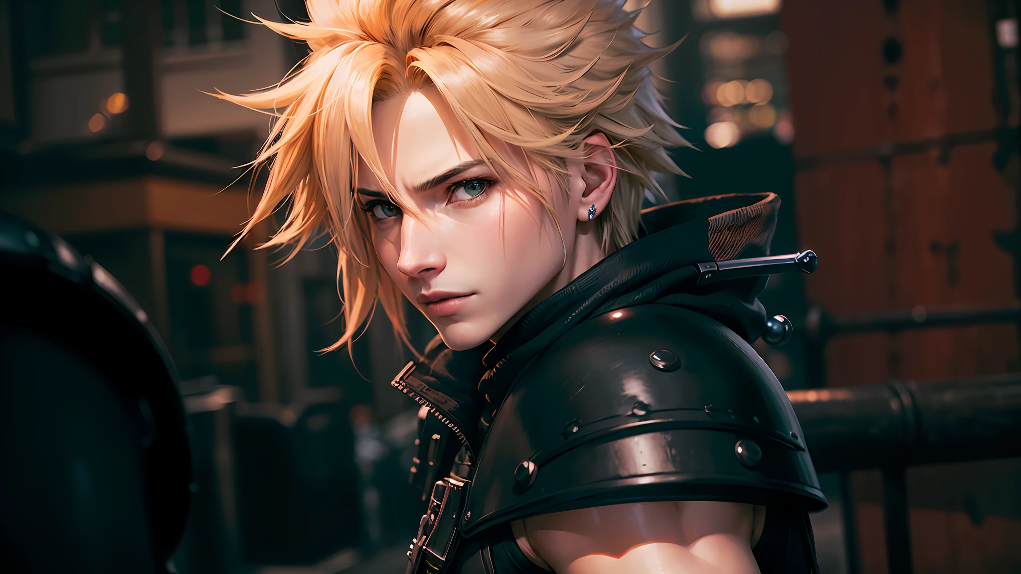a close up of a person with a sword in a city, cloud strife, portrait of cloud strife, from final fantasy vii, final fantasy 7, from ff7, ff 7, cloud, from final fantasy, final fantasy face, final fantasy character, final fantasy, final - fantasy, final-fantasy, square enix, final fantsy, closeup portrait shot, cloud hair