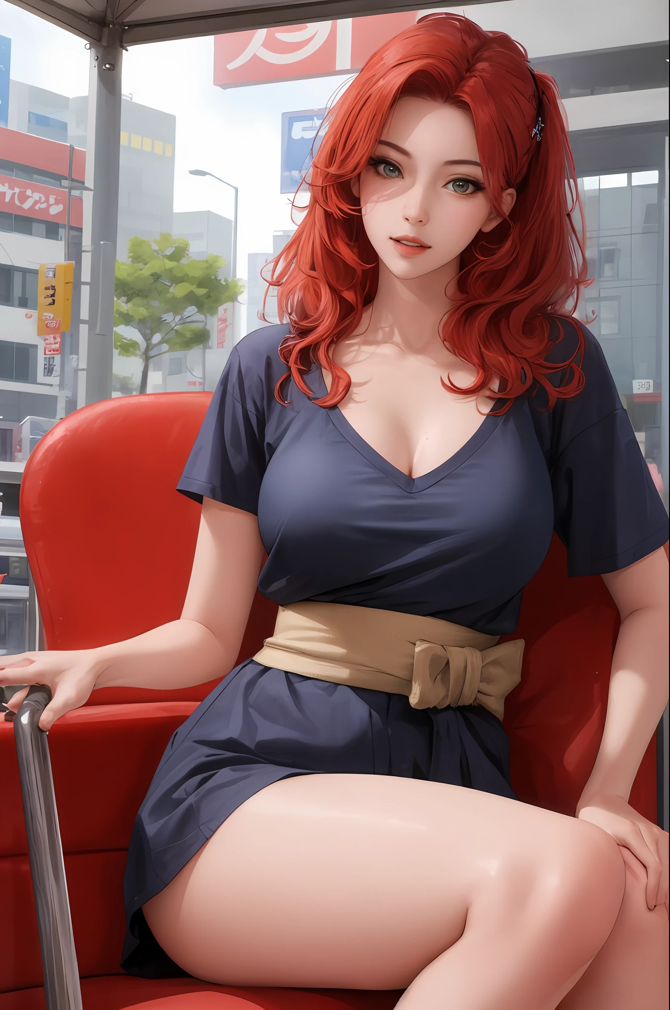 (masterpiece:1.2, best quality), realistic, (real picture, complex details, depth of field), (1girl, solo), makeup, cleft lip, high detail, perfect face shape, (big breasts:1.2), (skin indentation), rough Thighs, wide hips, small waist, tall man, coral lips, red hair, red eyes, white casual clothes, street of Akihabara, sitting in cafe, suitcase