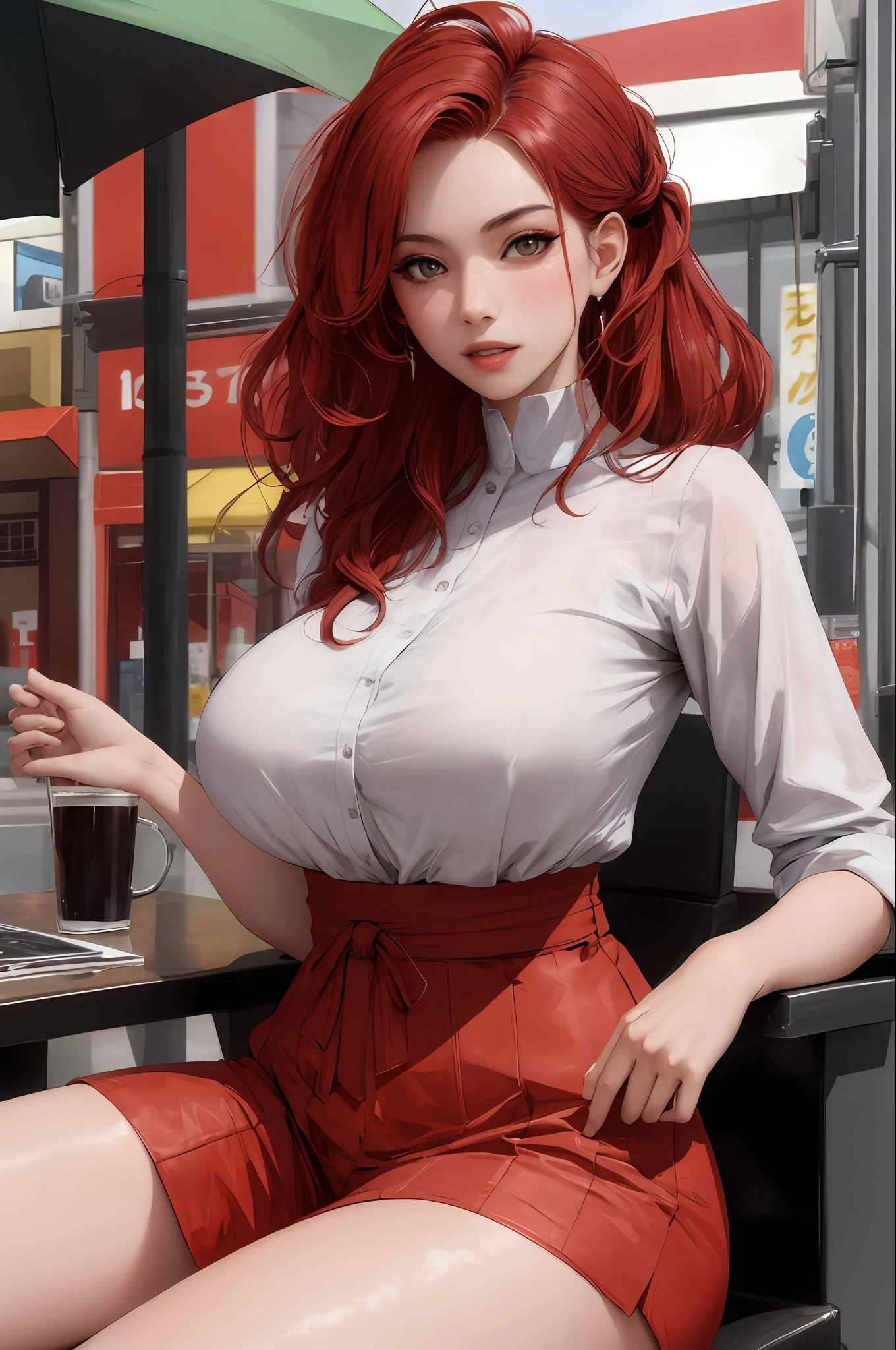 (masterpiece:1.2, best quality), realistic, (real picture, complex details, depth of field), (1girl, solo), makeup, cleft lip, high detail, perfect face shape, (big breasts:1.2), (skin indentation), rough Thighs, wide hips, small waist, tall man, coral lips, red hair, red eyes, white casual clothes, street of Akihabara, sitting in cafe, suitcase