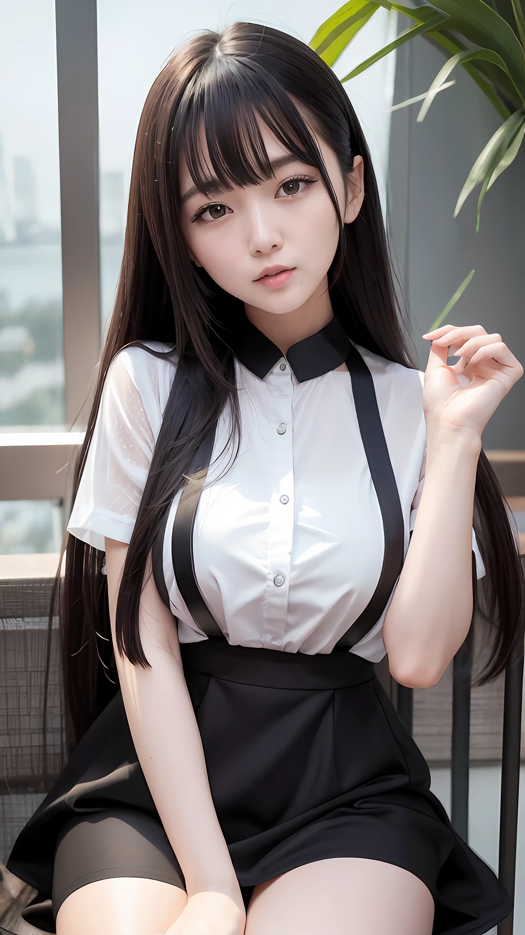 ((Li Yitong)), 8K, best quality, masterpiece, 1.2 times weighted), 1 cute, independent, beautiful girl, super detail, sky and cafe detail, night date, sitting (red nose), big breasts , sweet smile (smile 1.15), deep color contact lenses, (1.1 times weighted collar shirt), short black dress, black silk stockings, professional dress, long flowing hair, NovaFrog style, half naked, cat, rain.
