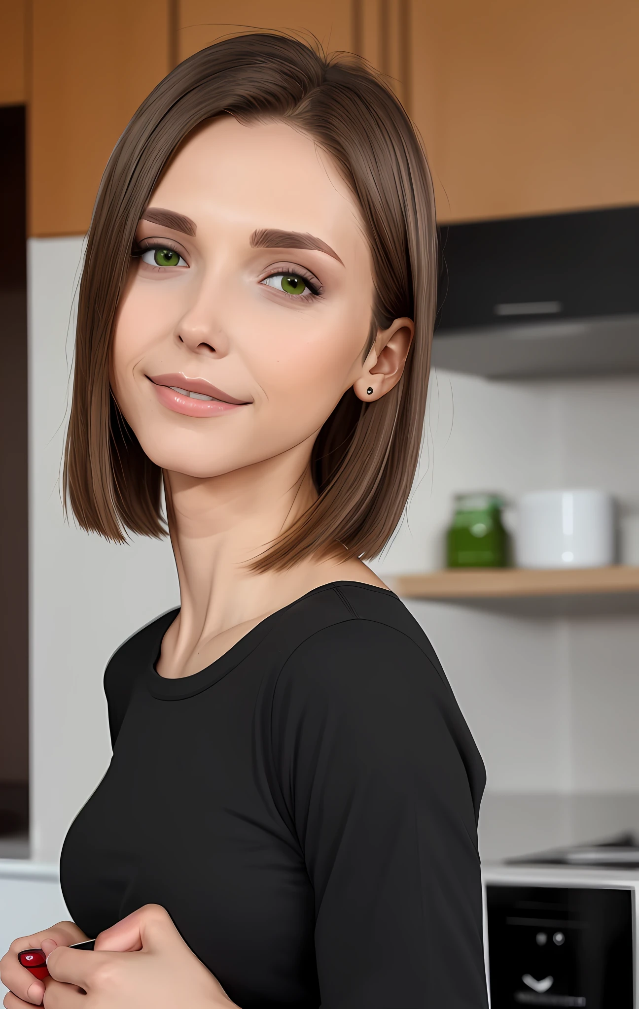 8k uhd, photorealistic, super detailed, very detailed face, detailed skin, looking on me, short brown bob, at home, (black T-shirt with wide neck), solo, expressive look, subtle smile, mistress, upper body, natural beauty, portrait, (25 years old woman), neck, drinks coffee in kitchen, (sexy makeup:0.7), black eyeshadows, breast size C, casual outfit, comfort, (thin lips:1.5), green eyes, narrow lips