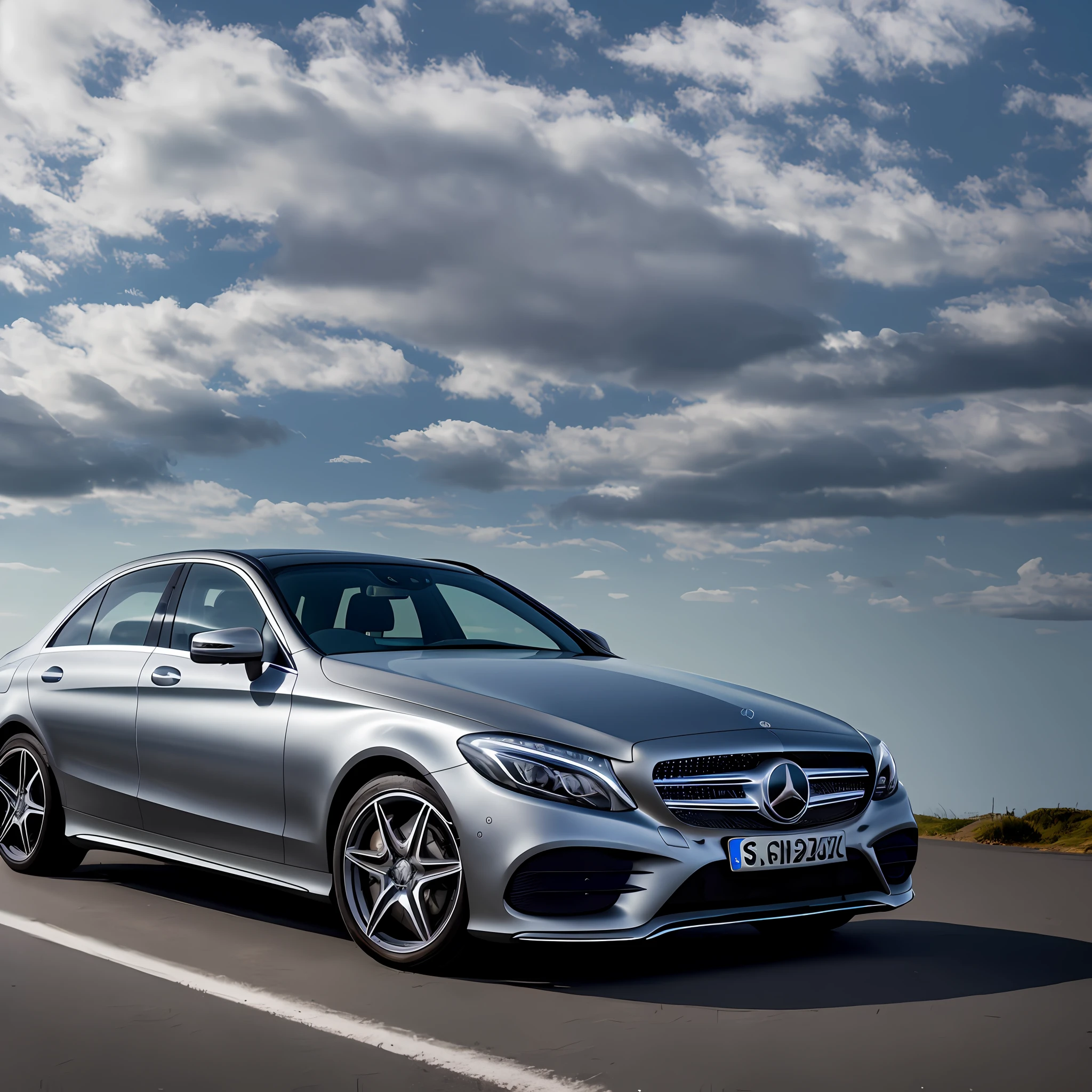 arafed mercedes car on a road with cloudy sky in background, mercedes, mercedez benz, by Matthias Stom, by Jakob Gauermann, inspired by João Artur da Silva, a wide full shot, scenic full shot, subtle detailing, front profile, thumbnail, by Etienne Delessert, 2 0 1 5, 2015, photorealistic ”